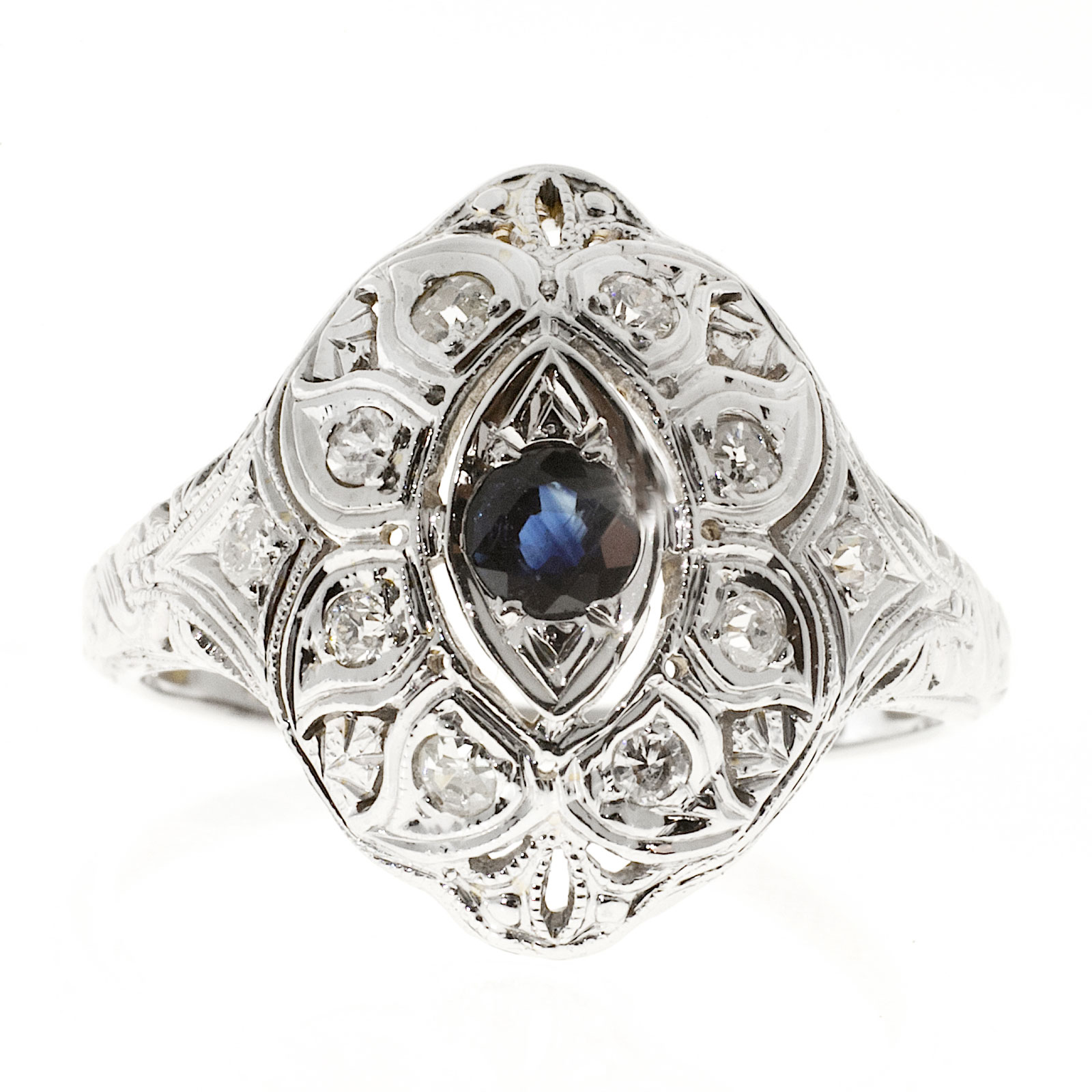 Art Deco 18K White Gold 0.15ct Blue Sapphire  0.08ct Diamond Ring Size 7