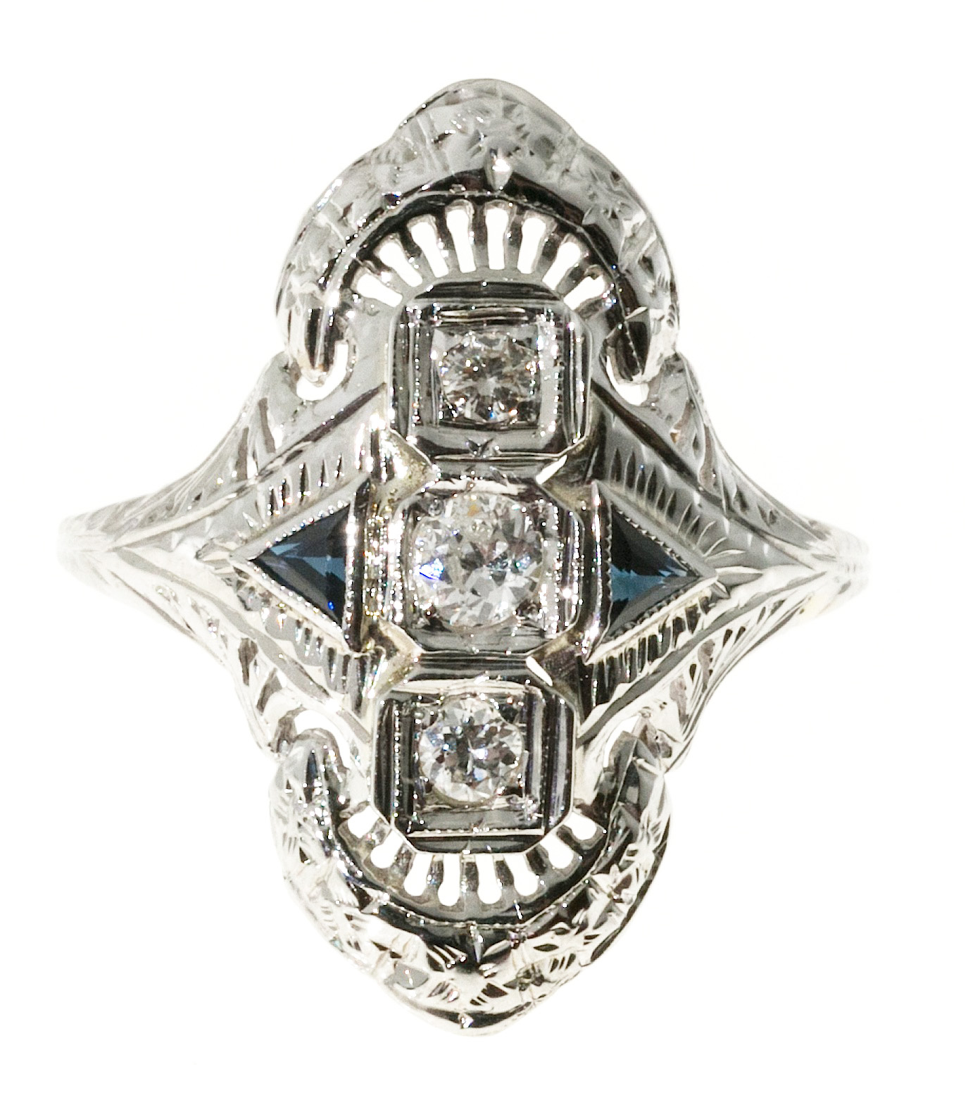 Art Deco 18K White Gold with 0.18ct. Diamond  Sapphire Filigree Ring Size 8