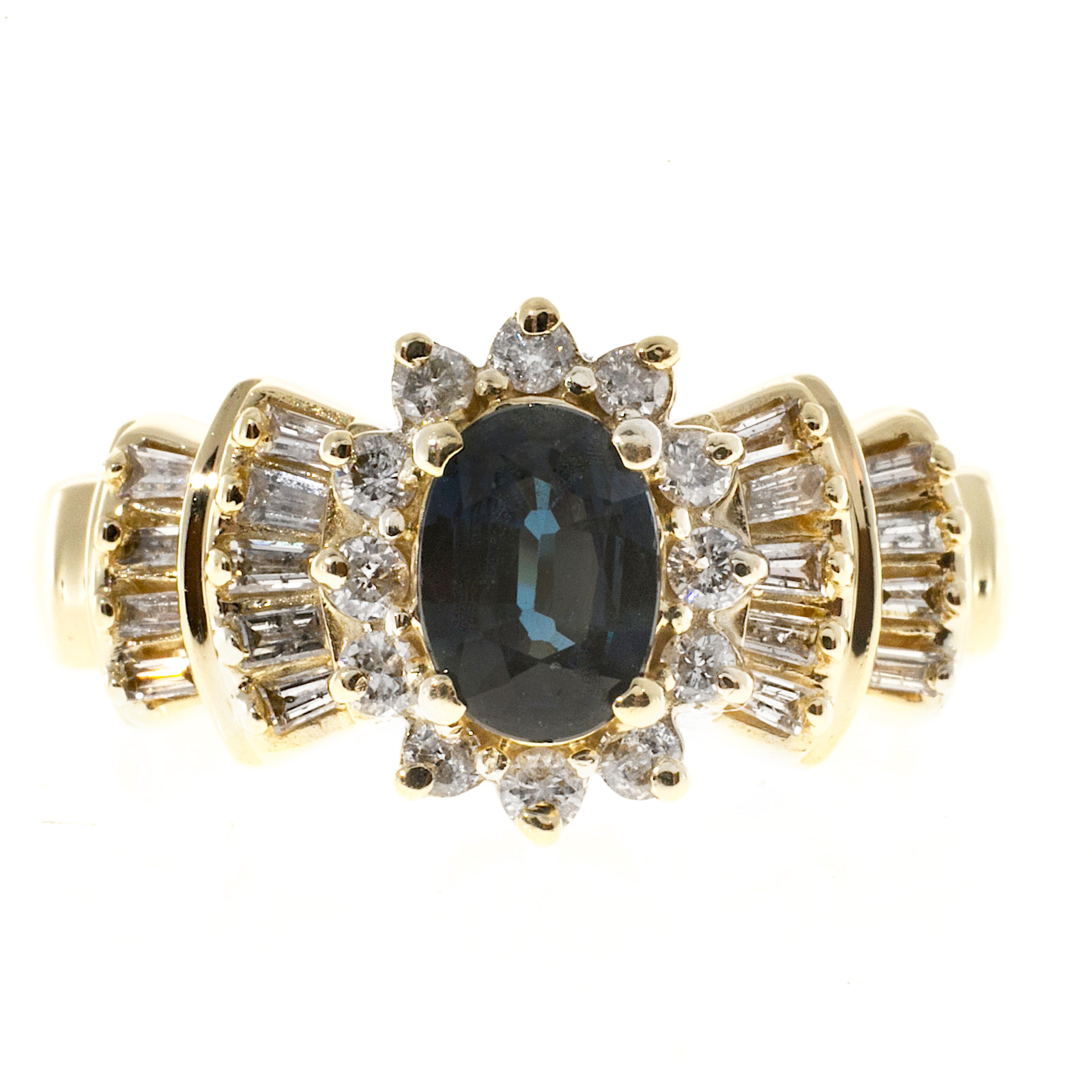 Vintage 14K Yellow Gold 1.00ct Oval Blue Sapphire  Diamond Cluster Ring Size 7.5