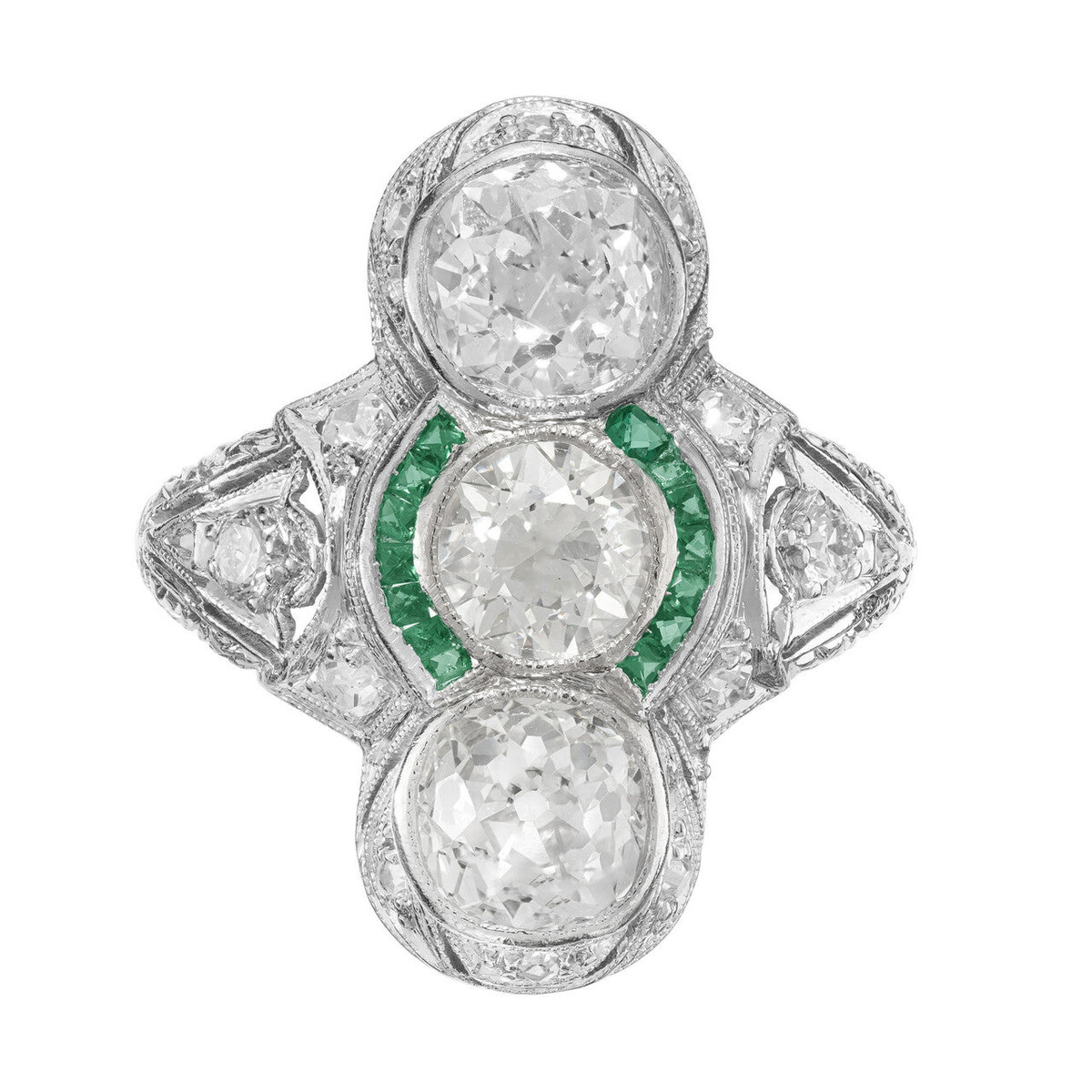 Vintage Platinum Diamond and Emerald Art Deco Ring Size 4.75