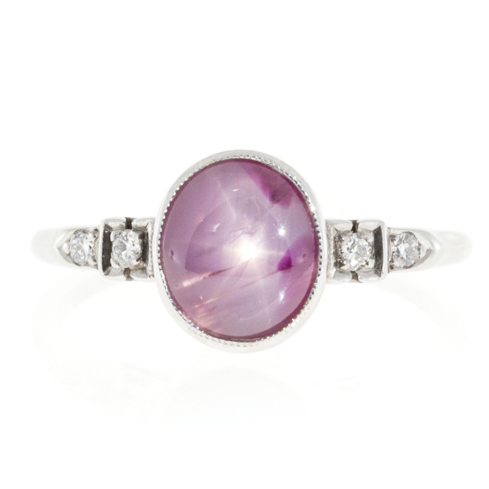 14K White Gold 2.62ct Purplish Pink Star Sapphire  Diamond 0.02ct Ring Size 8