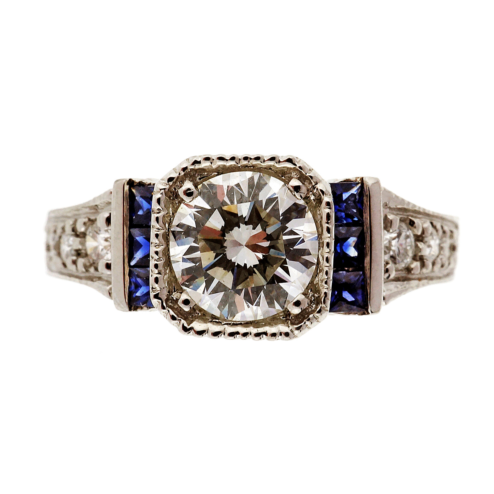 Art Deco Platinum 1.00ct Diamond Saphire Ring Size 7 