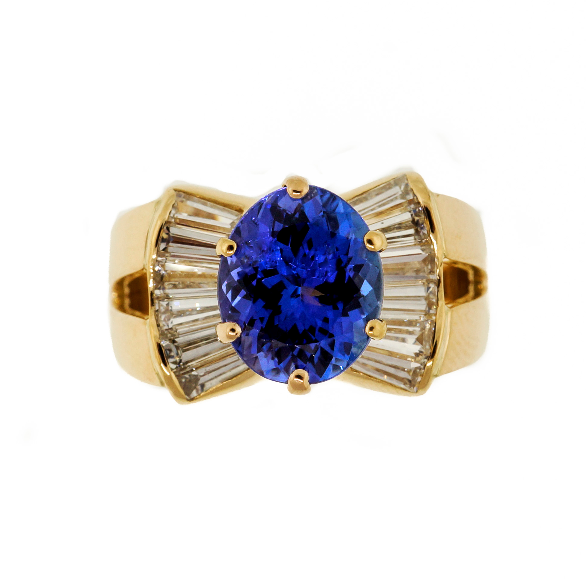 18K Yellow Gold 3.88ct Purple Blue Tanzanite Diamond Ring Size 8.25