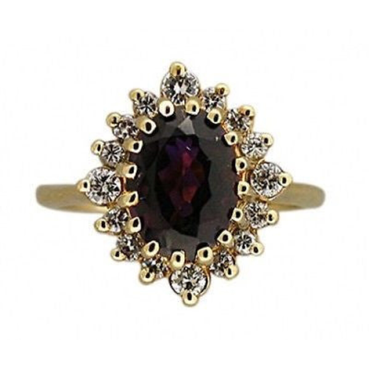 Estate Reddish Purple Oval Amethyst Diamond 14K Yellow Gold Raised Wire Ring