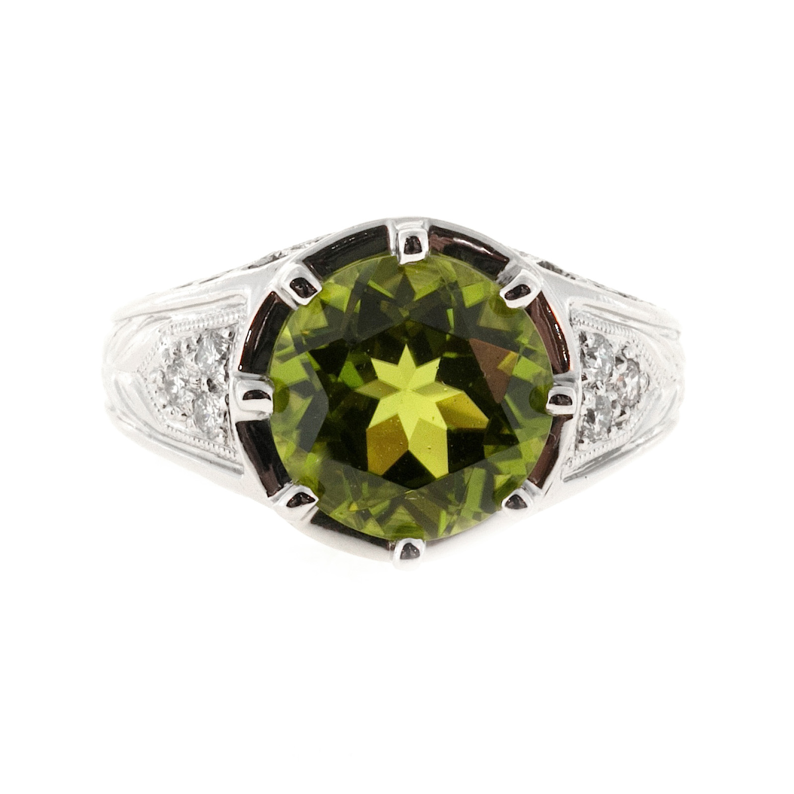 Platinum 4.25ct Peridot  Diamond Filigree Ring Size 7