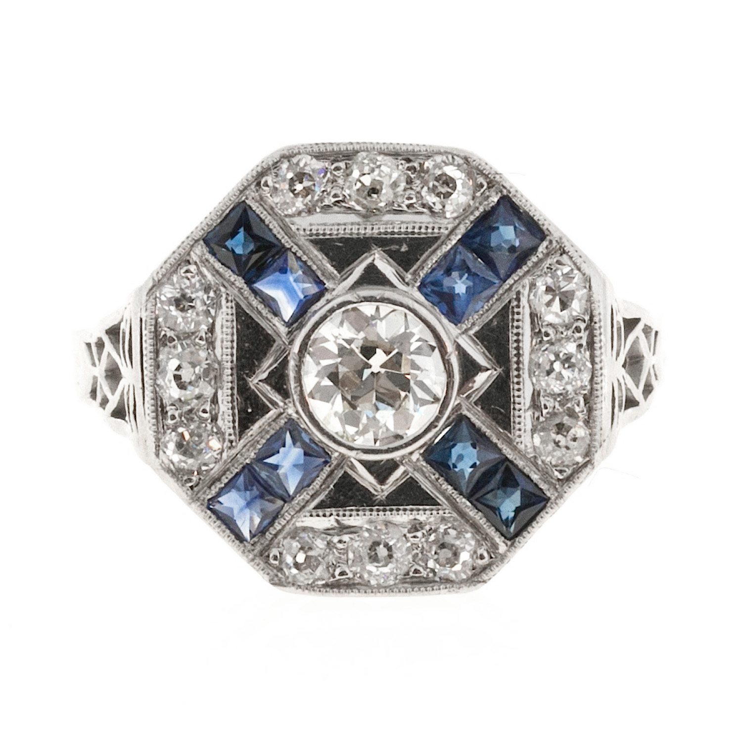 Art Deco Vintage Platinum and 0.37ct Diamond and Sapphire Ring Size 6