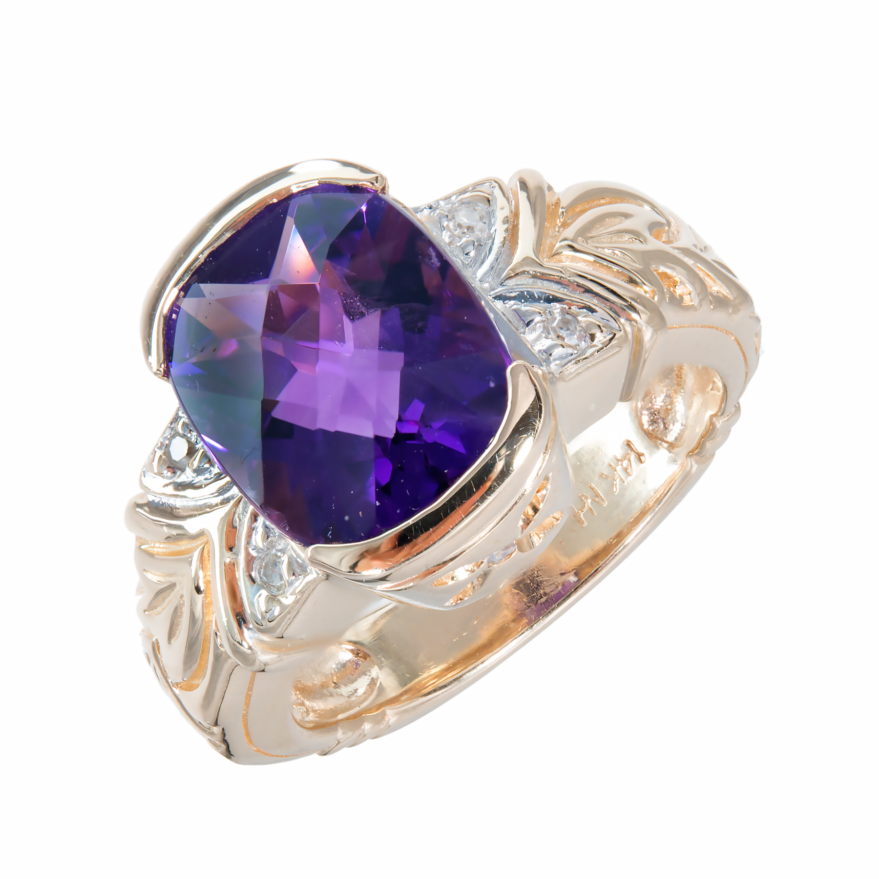 14K Yellow Gold with 2.50ct Amethyst  0.04ct Diamond Ring Size 6