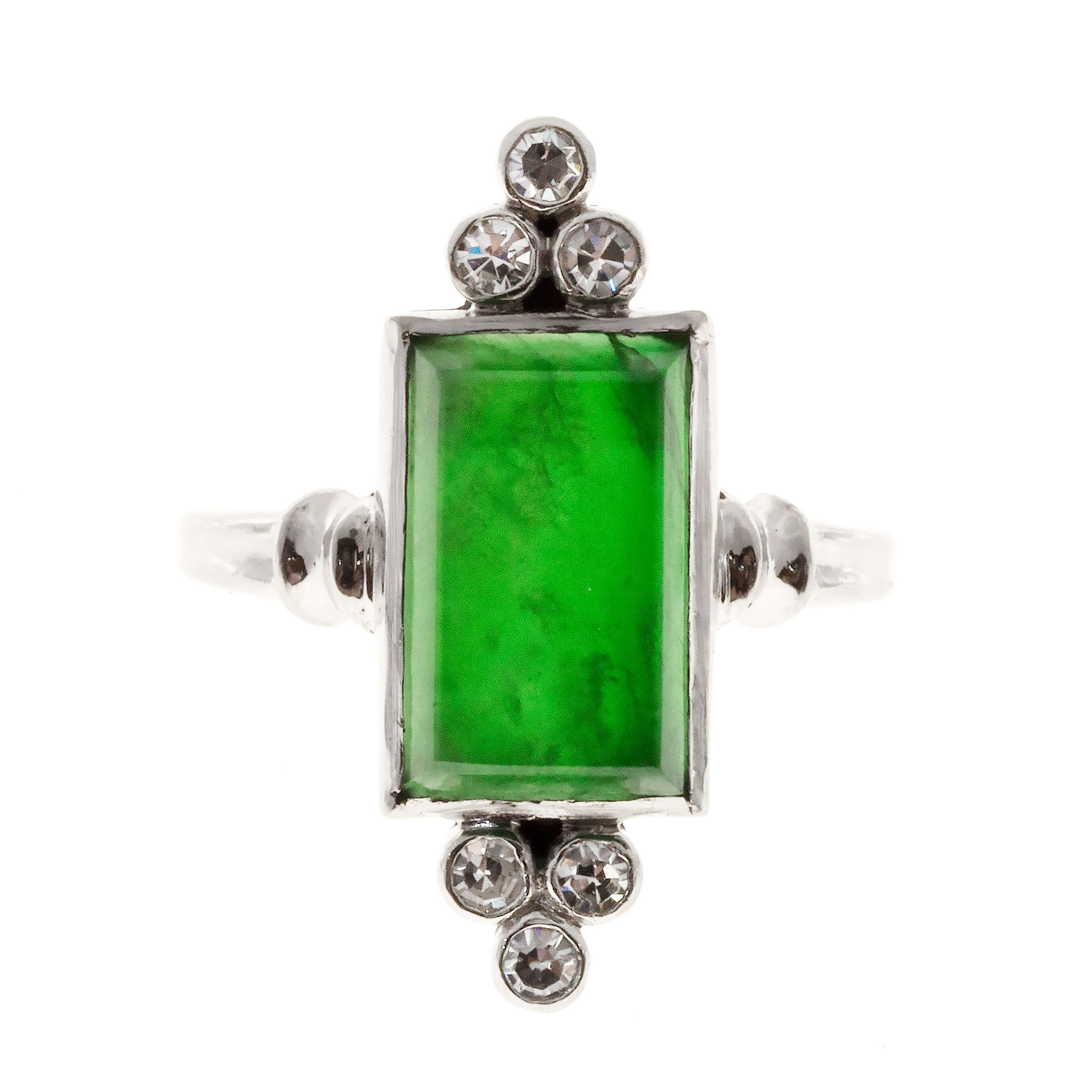 Vintage Palladium Natural Omphacite Jadeite Jade  0.18ct Diamond Ring Size 5