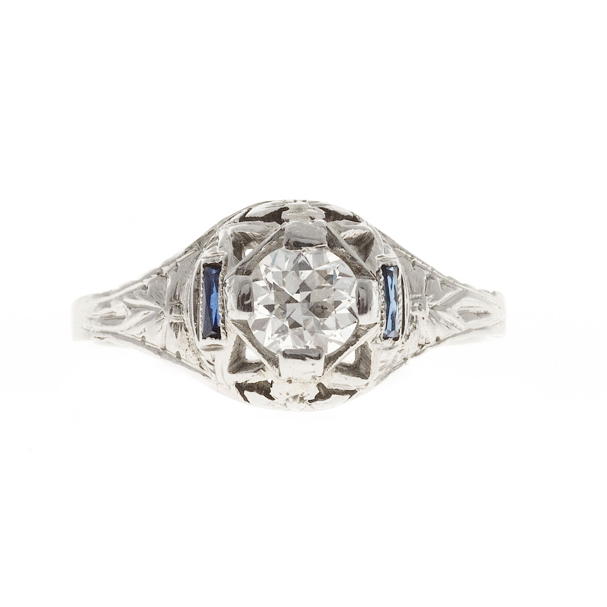 Vintage Art Deco 18K White Gold 0.40ct Diamond  Sapphires Filigree Ring Size 5
