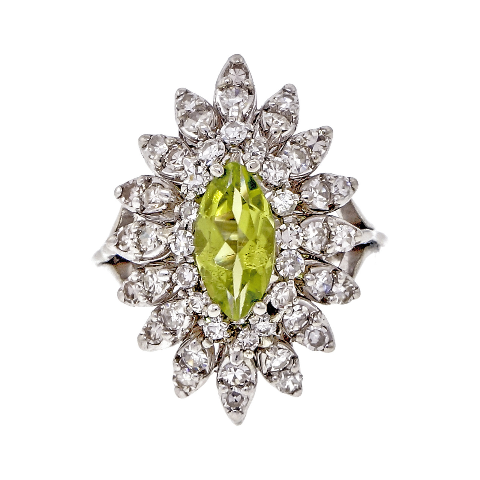 Vintage 14K White Gold with 1.00ct Marquise Peridot  Diamond Cocktail Ring Size 4.75