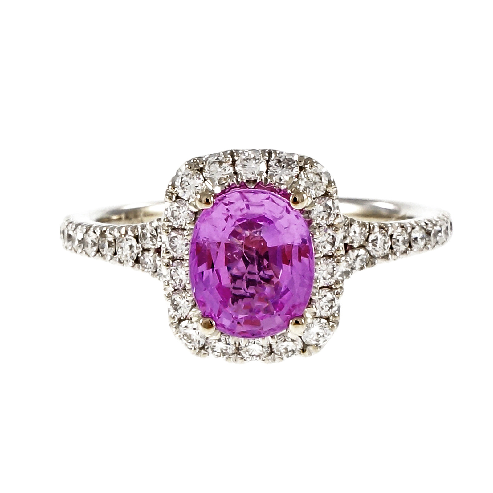 18K White Gold with 1.58ct Hot Pink Natural Sapphire  Diamond Halo Engagement Ring Size 6.5