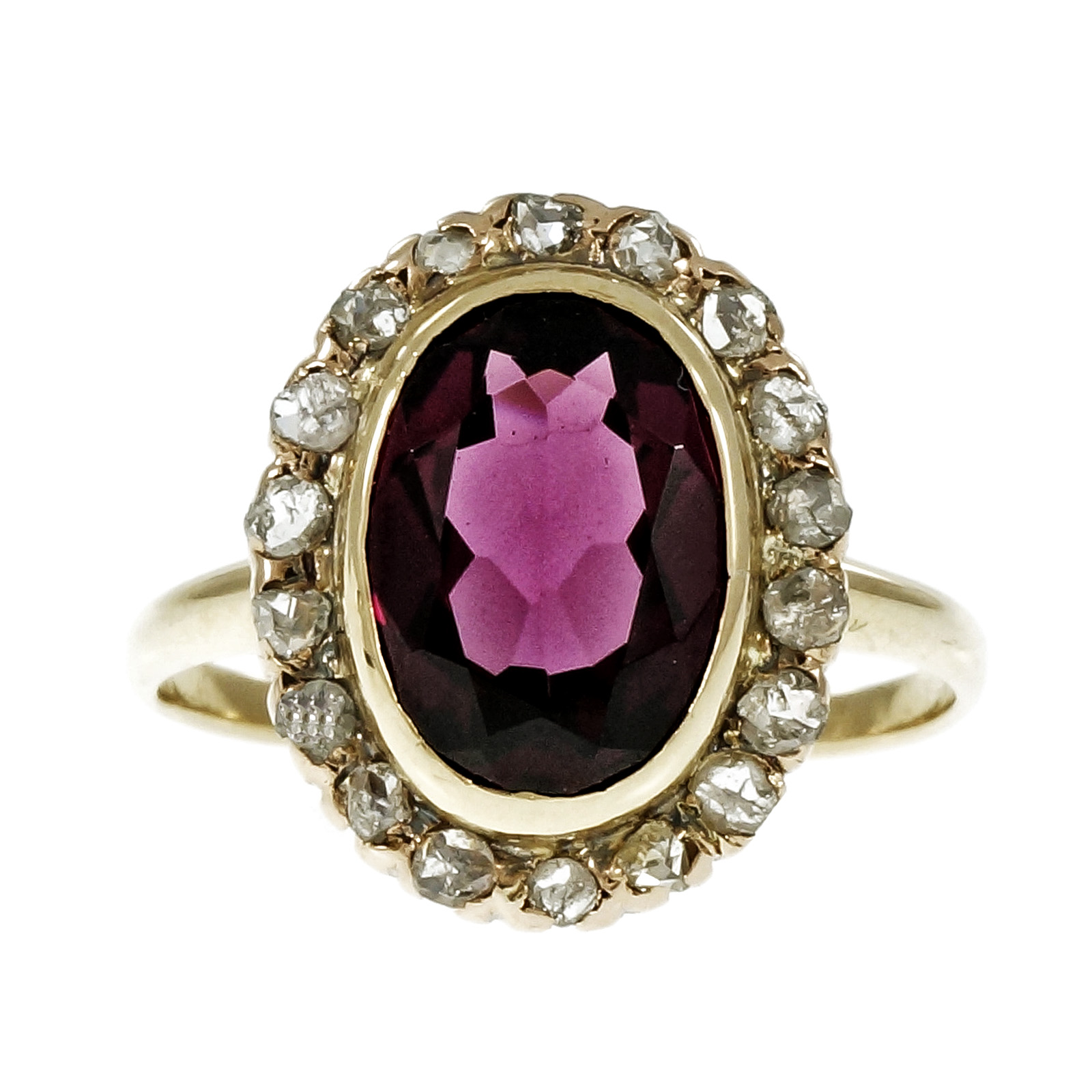Vintage 14K Yellow Gold Rhodalite Garnet  Diamond Rose Cut Ring Size 7.25