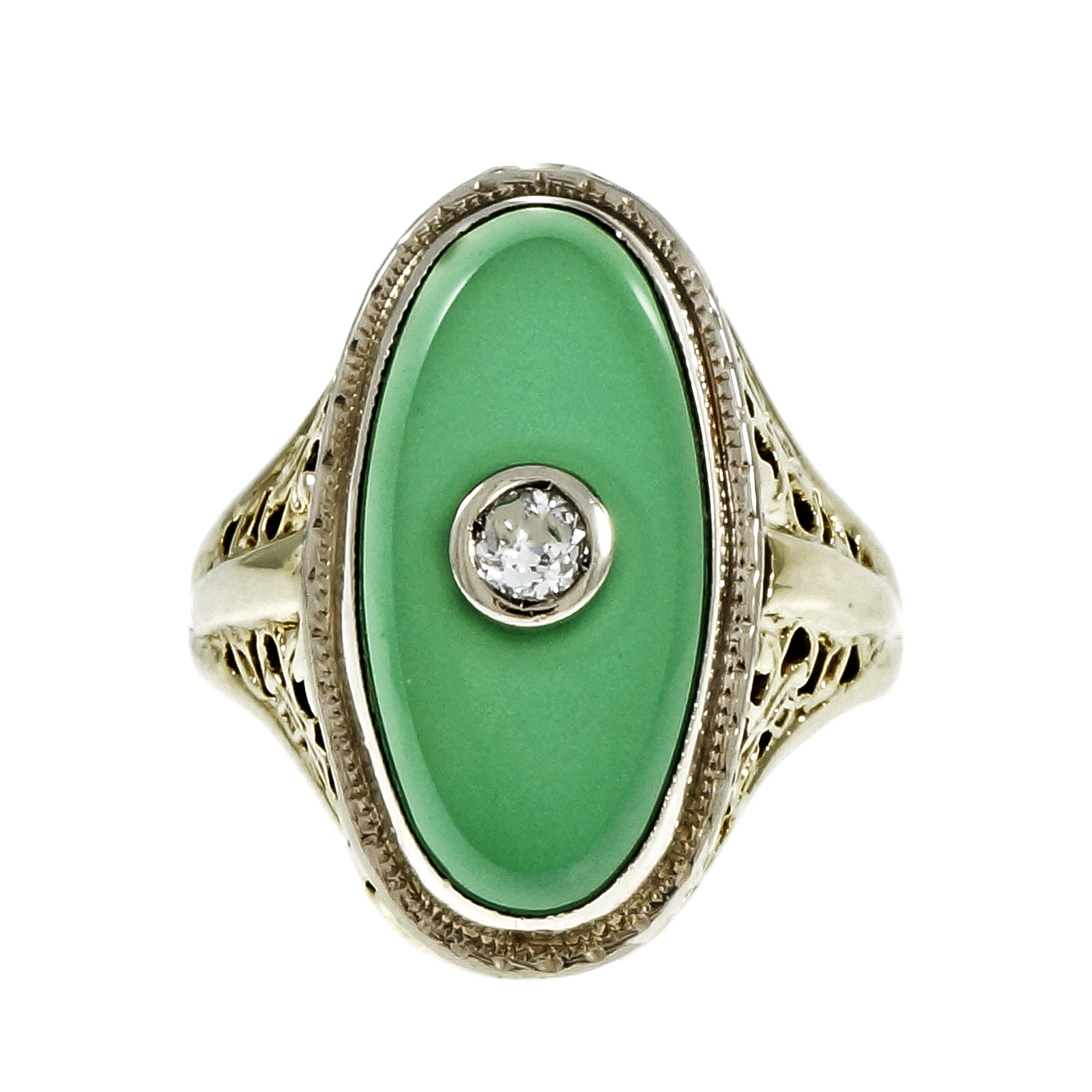 Vintage Art Deco 14K Yellow  White Gold with Filigree Green Onyx  Diamond Ring Size 6.25