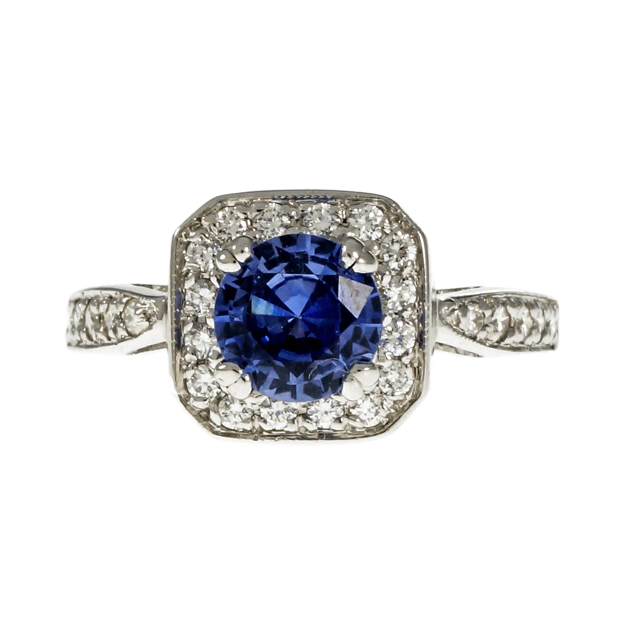 14K White Gold Violet Blue Sapphire Halo Ring Size 6.5