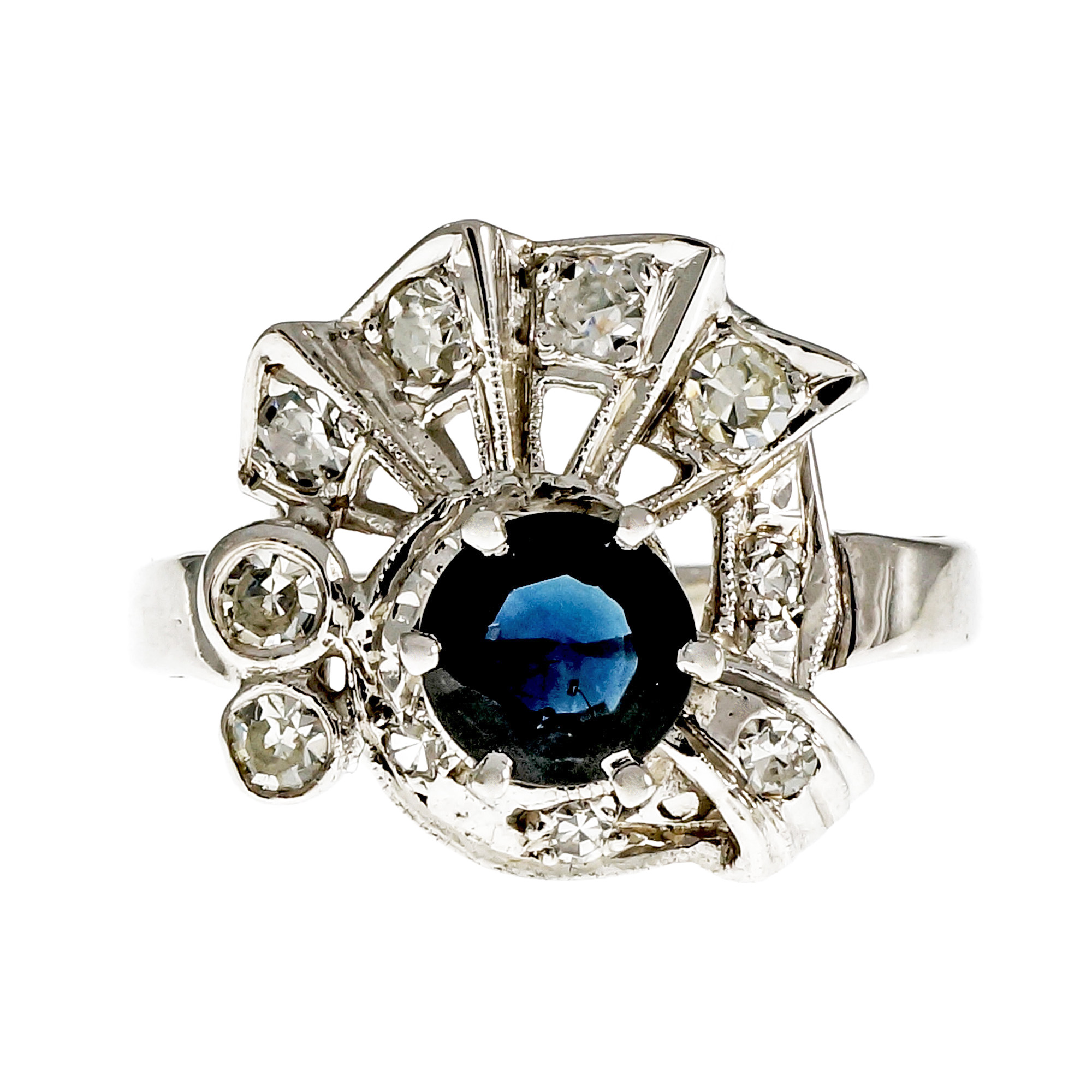 14K White Gold Swirl Sapphire Ring Size 6 