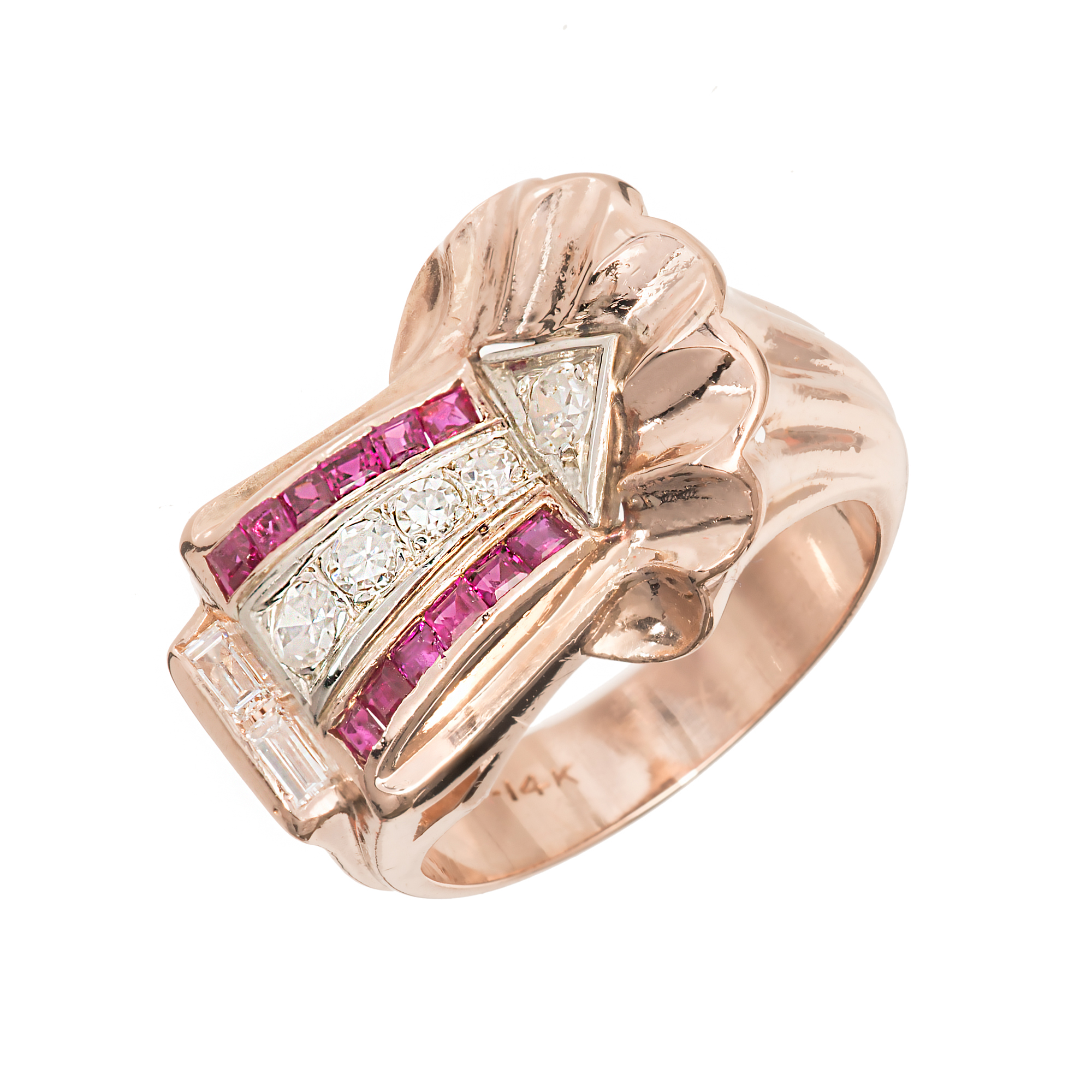 Vintage 14K Rose Gold 0.18ct Diamond  0.50ct Ruby Arrow Ring Size 6.5