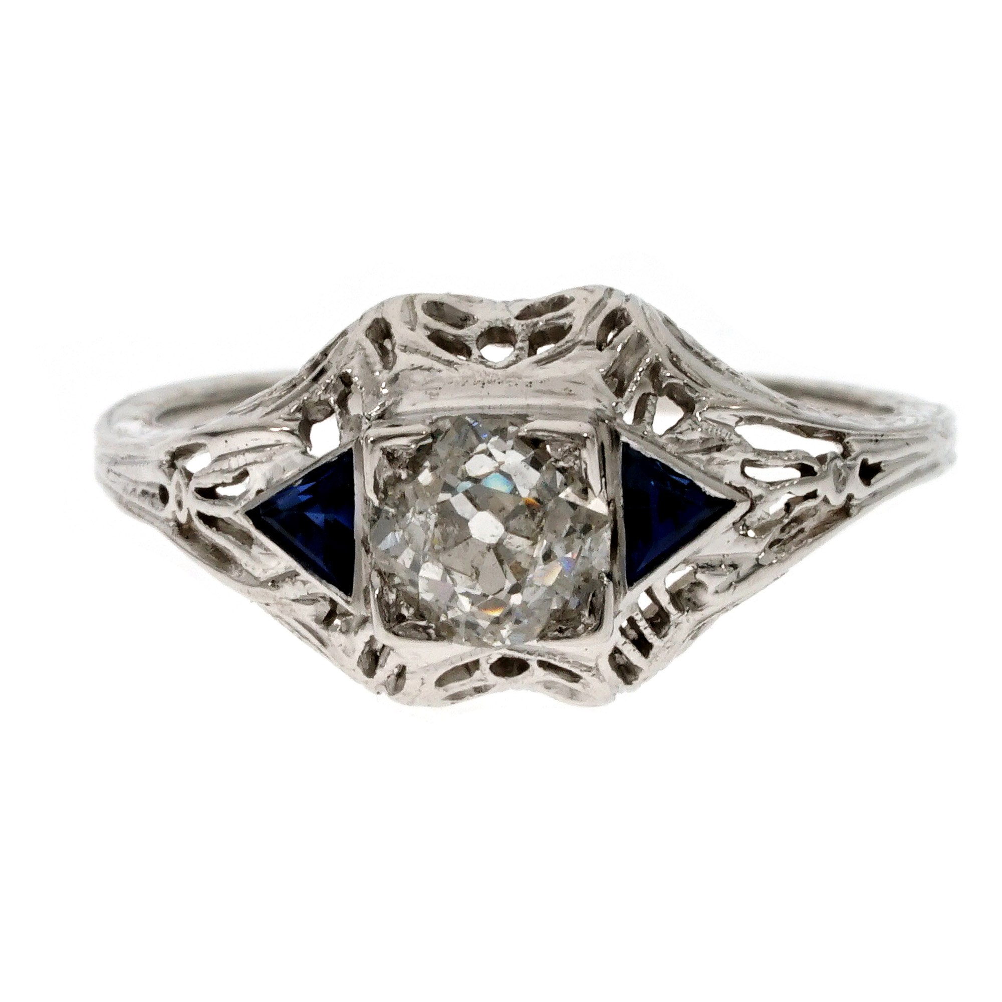 18K White Gold Diamond  Sapphire Filigree Ring Size 6