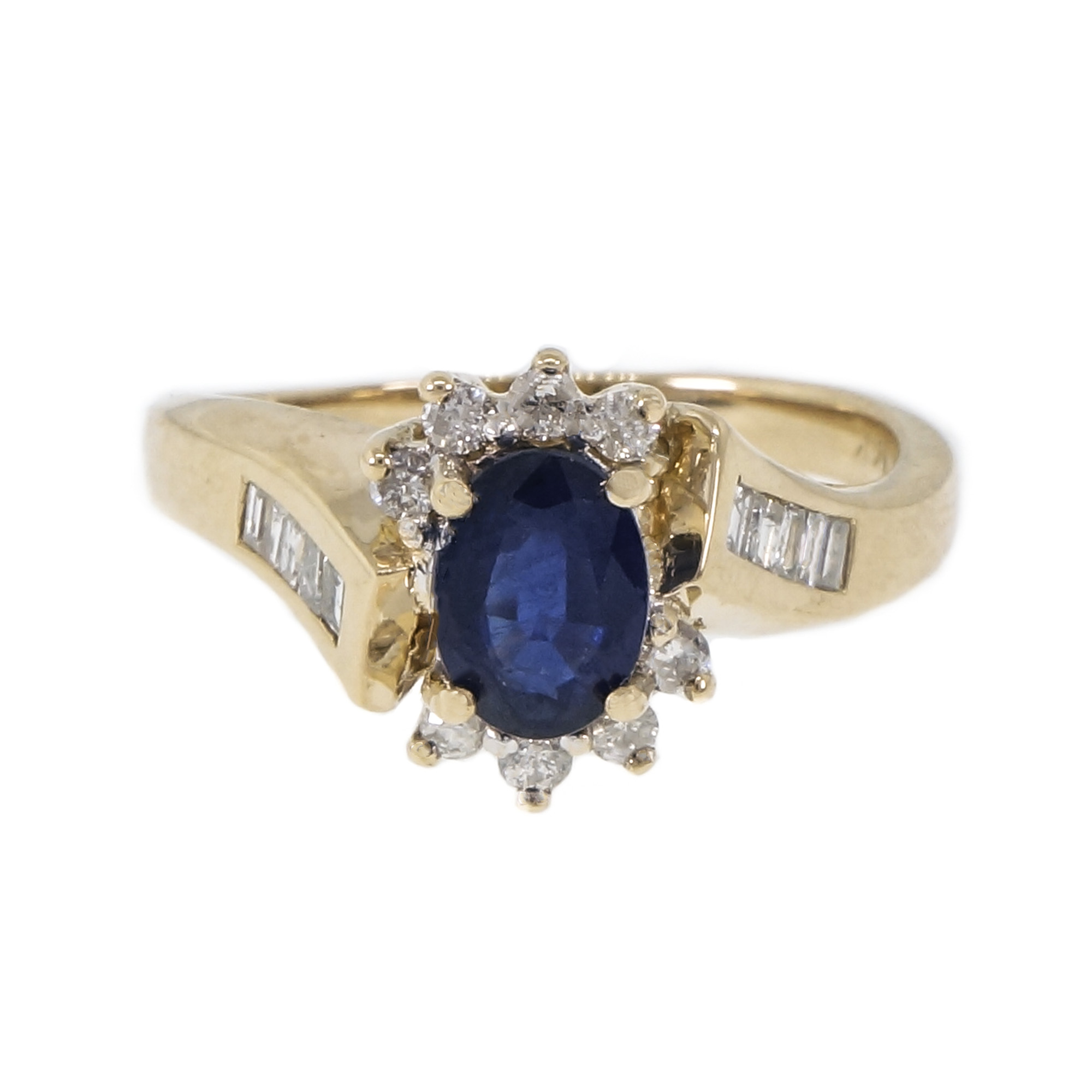 14K Yellow Gold 0.82ct Sapphire, 0.15ct Baguette  0.16ct Round Diamond Swirl Ring Size 6.75