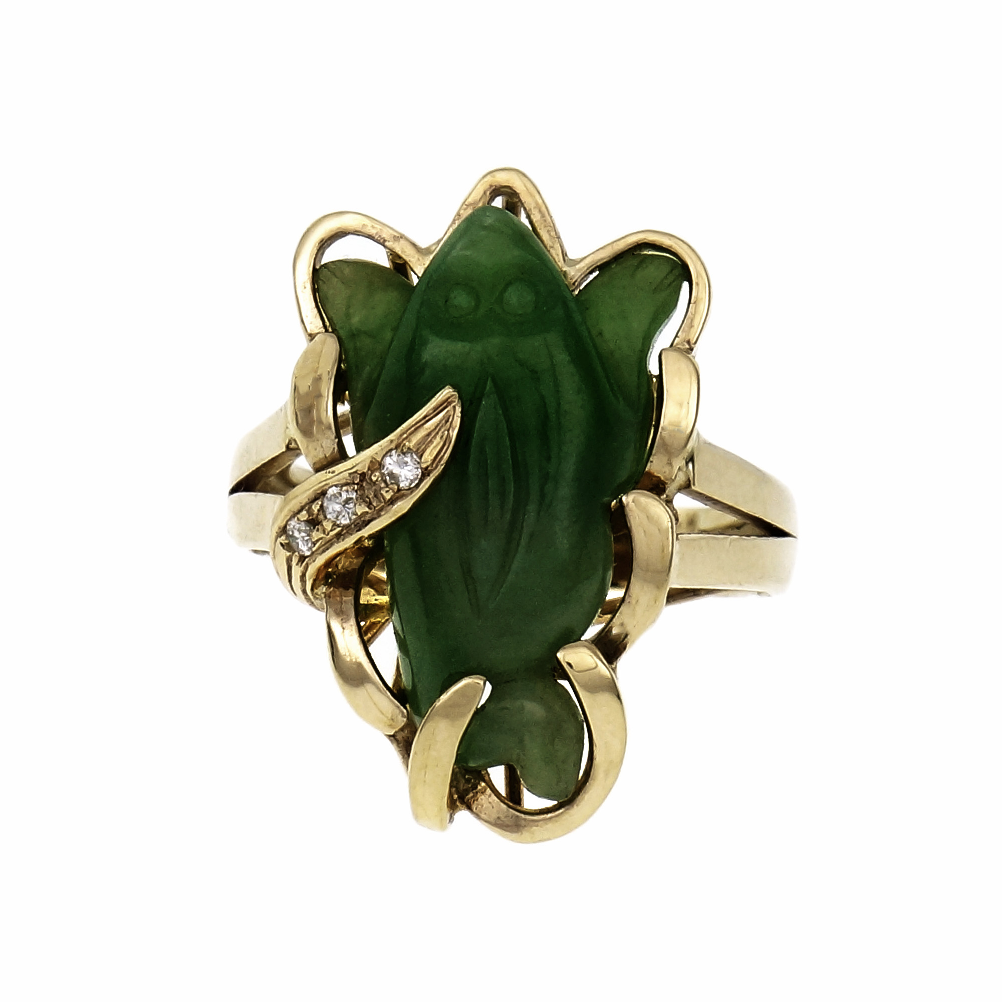 Natural Jadeite Jade Carved Seal Ring 14k Yellow Gold Diamond