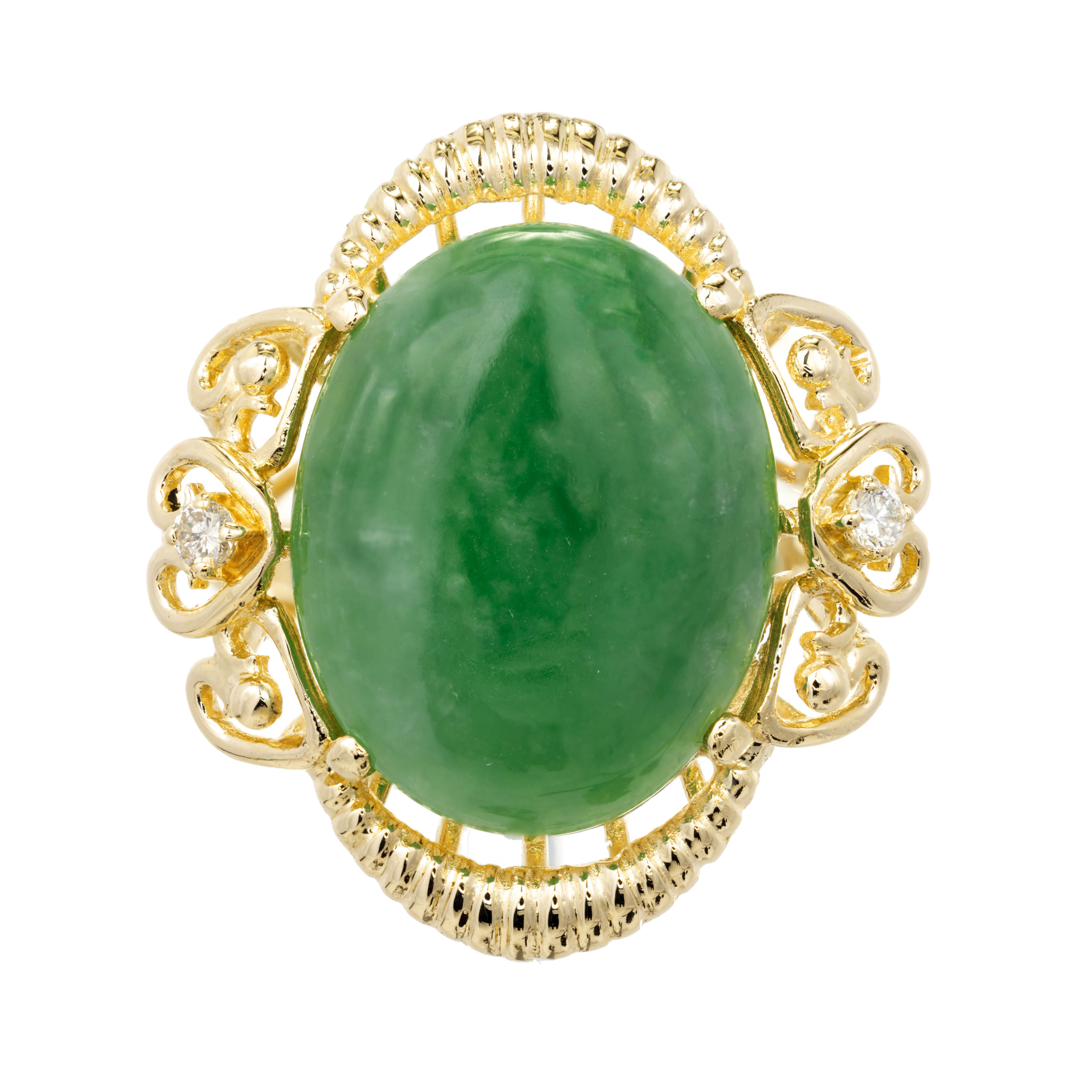 GIA Certified 6.33 Carat Cabochon Jadeite Jade Green Diamond Gold Cocktail Ring