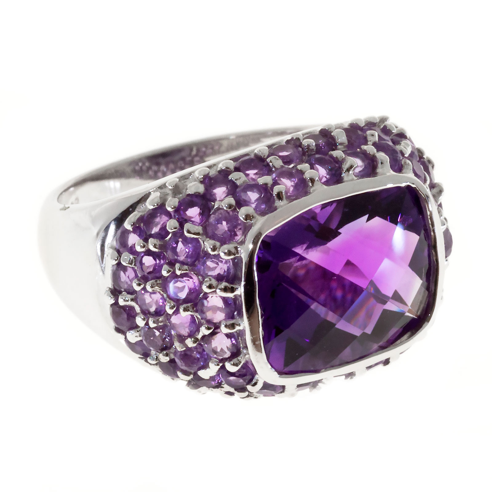 Vintage 14K White Gold  5.76ct Amethyst Side Beads Dome Ring Size 6.25