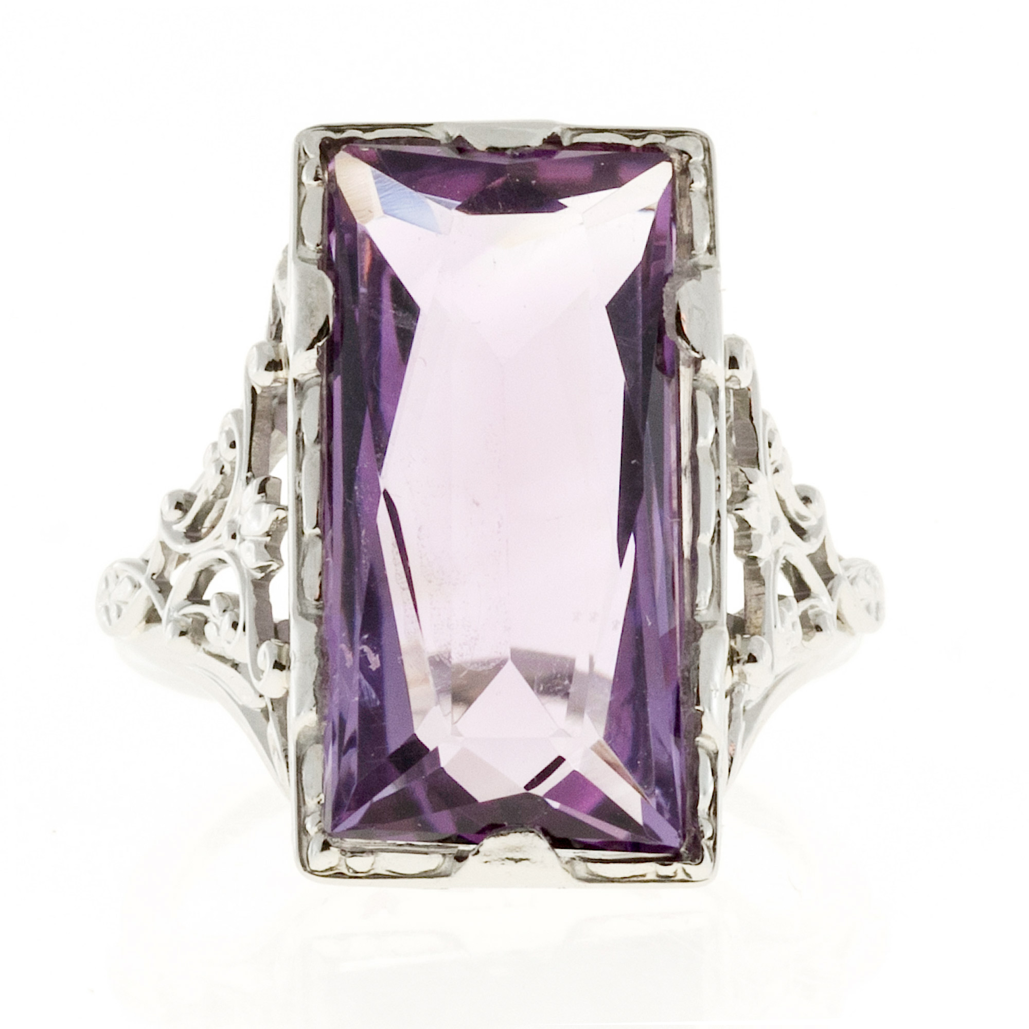 Vintage 14K White Gold 13.00ct Amethyst Filigree Ring Size 6