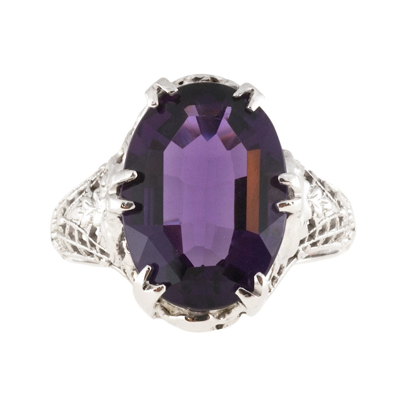 Vintage Art Deco Filigree 14K White Gold with 5.00ct Purple Amethyst Ring Size 6