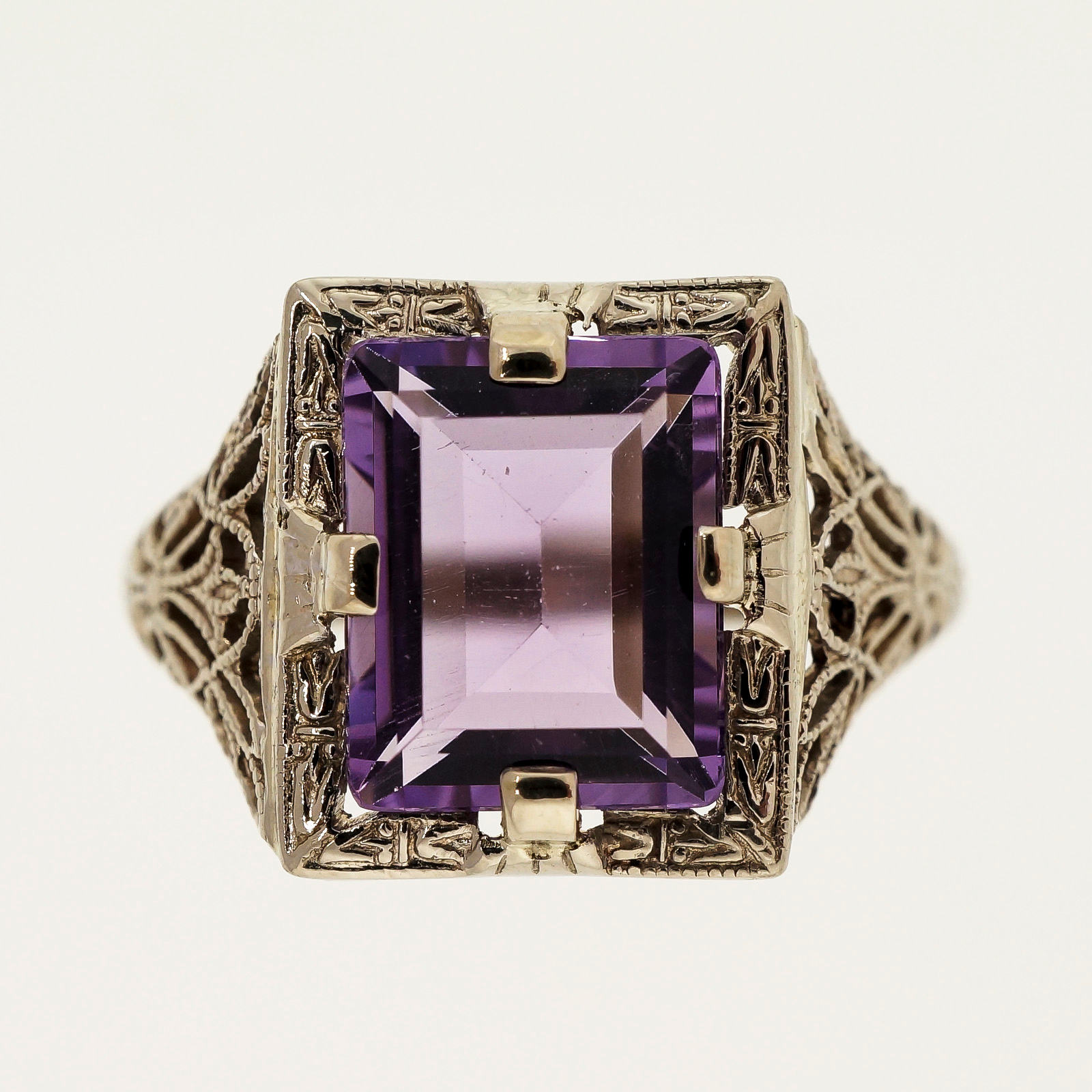 14k White Gold 2.75ct Emerald Cut Amethyst Art Deco Filigree Ring Size 7 