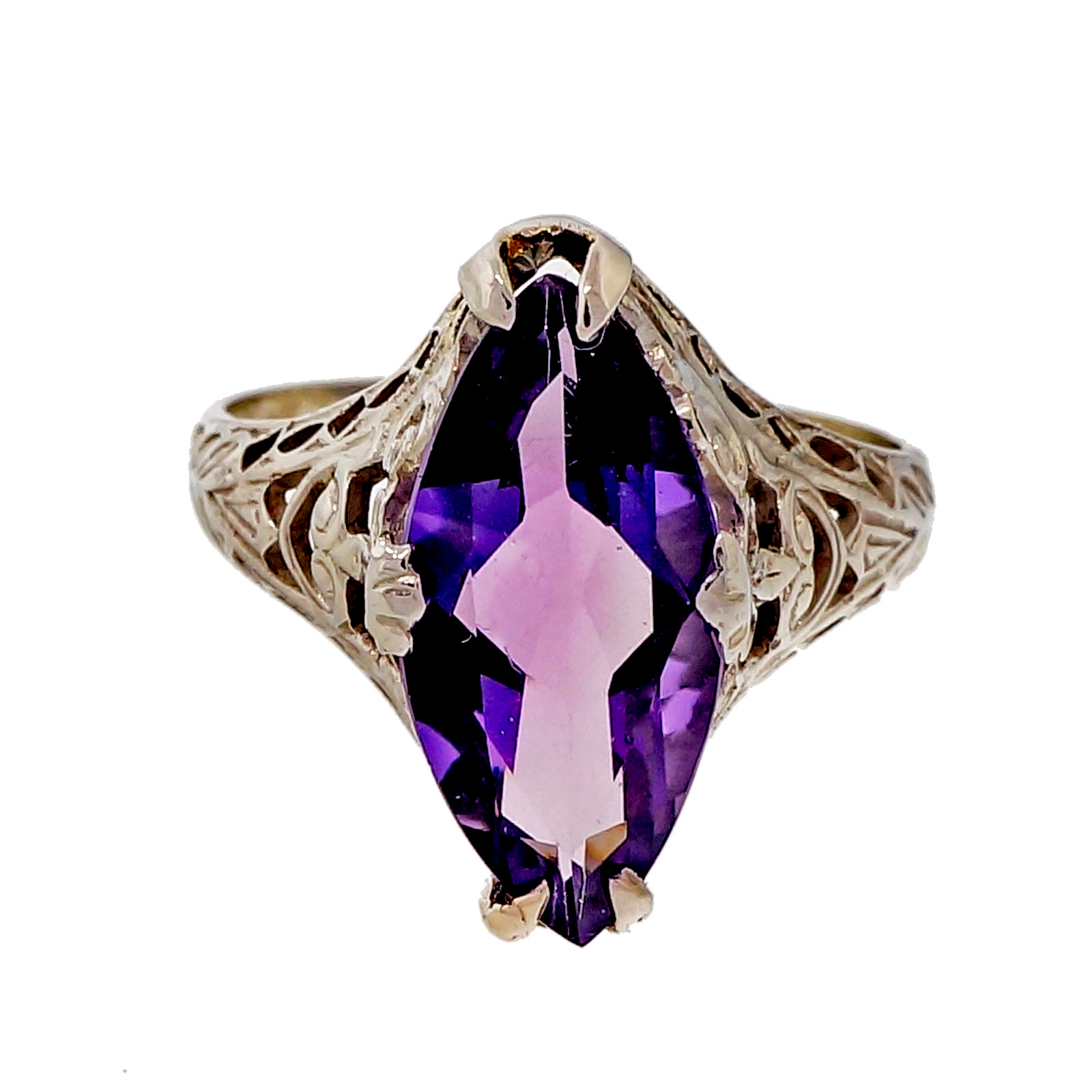 Vintage Art Deco 14K White Gold Bright Purple 2.50ct Amethyst Filigree Ring Size 5.75 