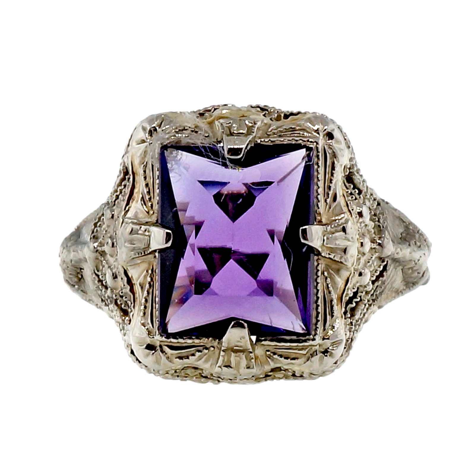 14k White Gold Filigree 1.11ct Amethyst Ring Size 4.5