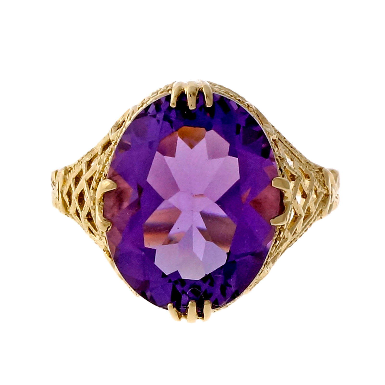 Vintage 14k Yellow Gold 5.57ct Amethyst Filigree Ring Size 8 1950 