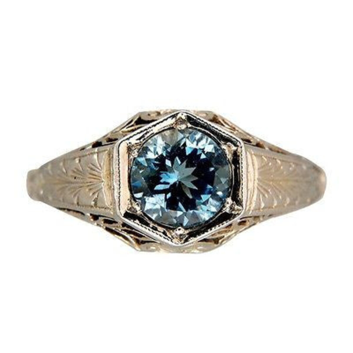 Vintage Retro Art Deco 18K White Gold Ring .77ct Gem Natural Aqua