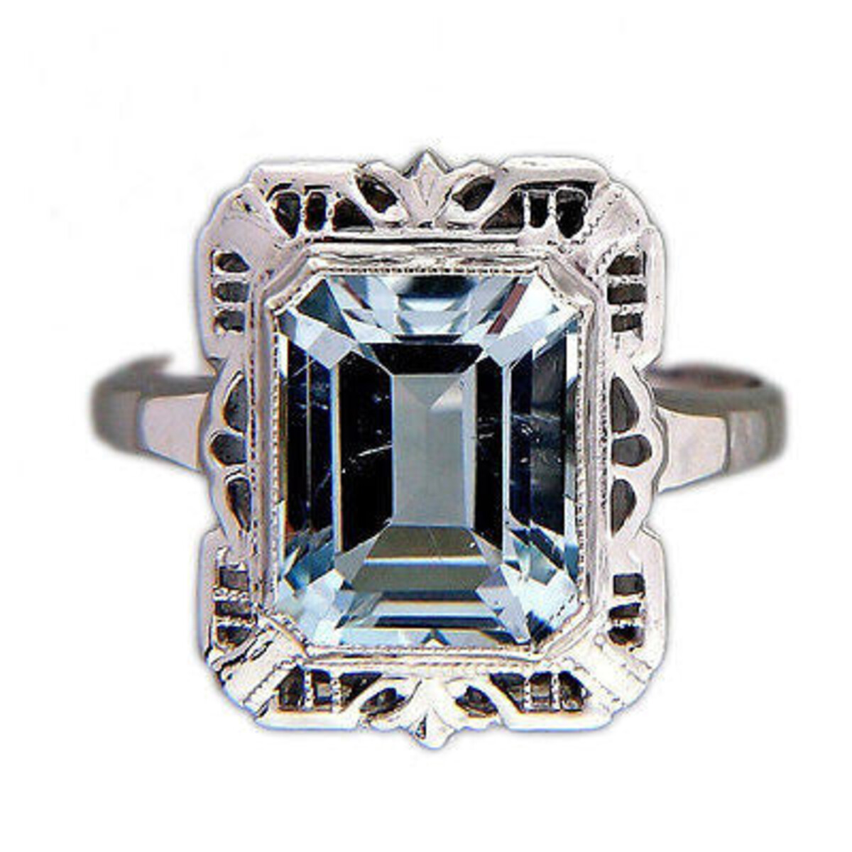 Vintage 3.00ct Light Blue Art Deco Natural Aqua Filigree 14k White Gold Ring