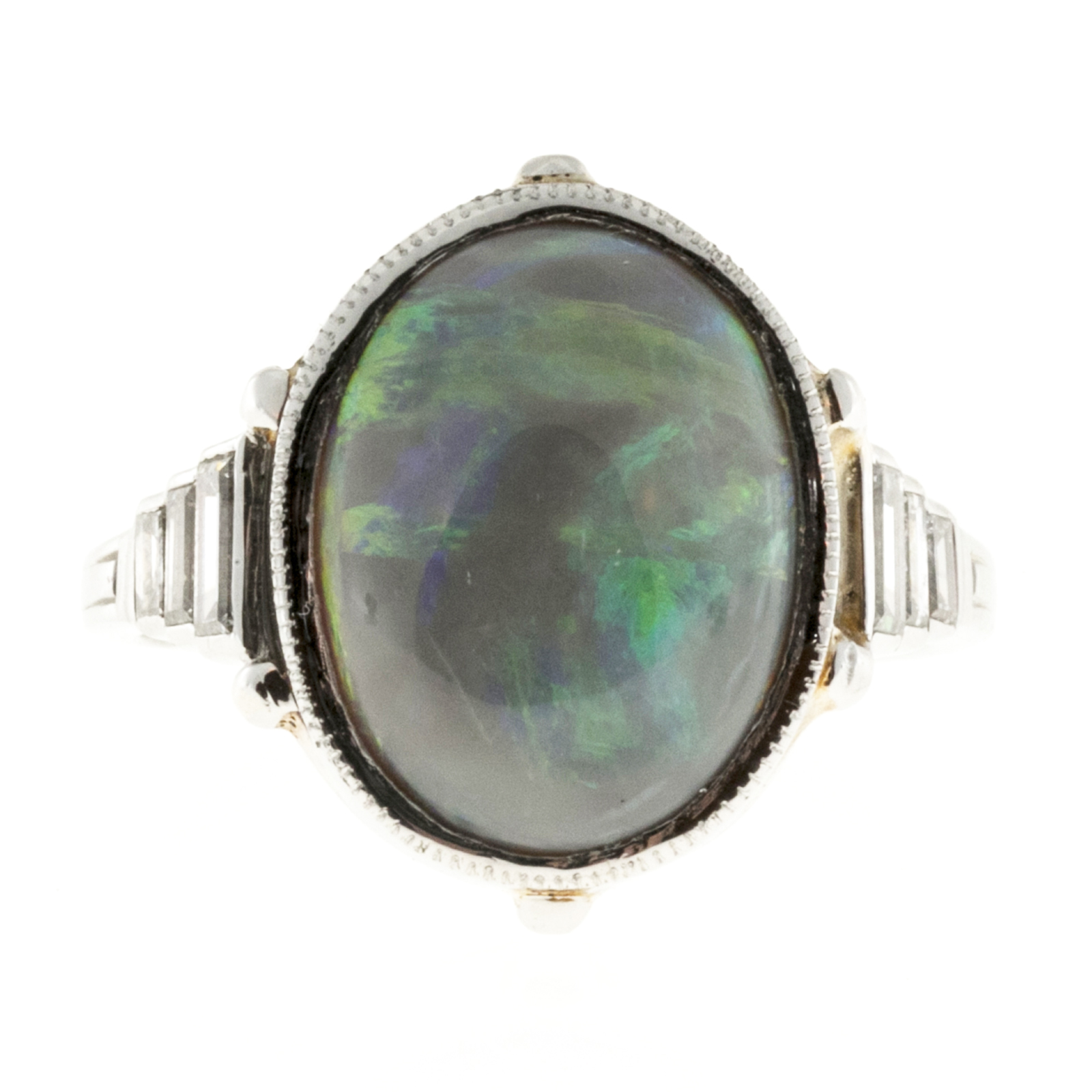 Platinum 6.50ct Opal  Emerald Cut Diamond Ring Size 8.5