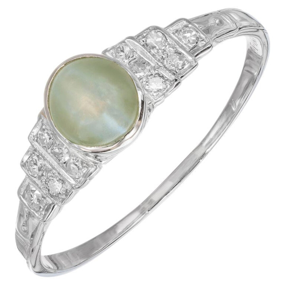 Platinum Vintage 1929 Art Deco Cabochon Chrysoberyl Cat's Eye & Diamond Ring Size 8
