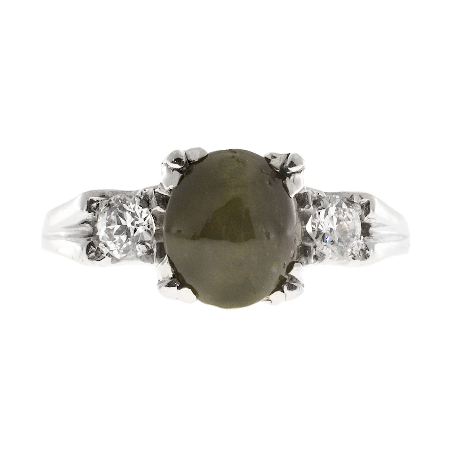 Platinum with Chrysoberyl Cats Eye  Diamond Fishtail Ring Size 6.5
