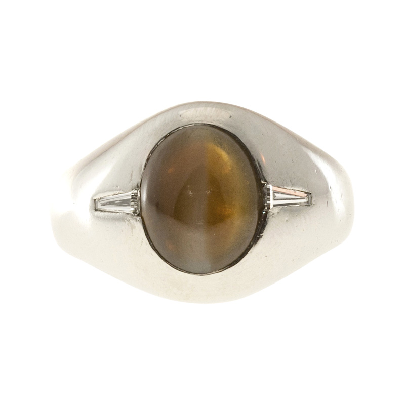 Vintage Platinum with 4.07ct F  F Felger Chrysoberyl Cats Eye and Diamond Ring Size 7.75