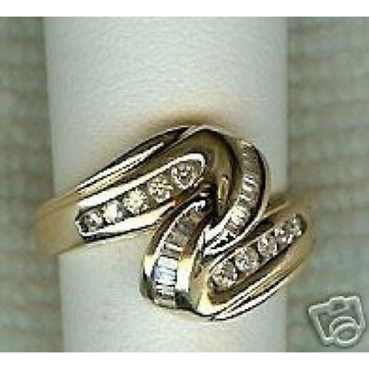 Estate 1970s 14K Yellow Gold Swirl Channel set Round & Baguette Diamond Ring