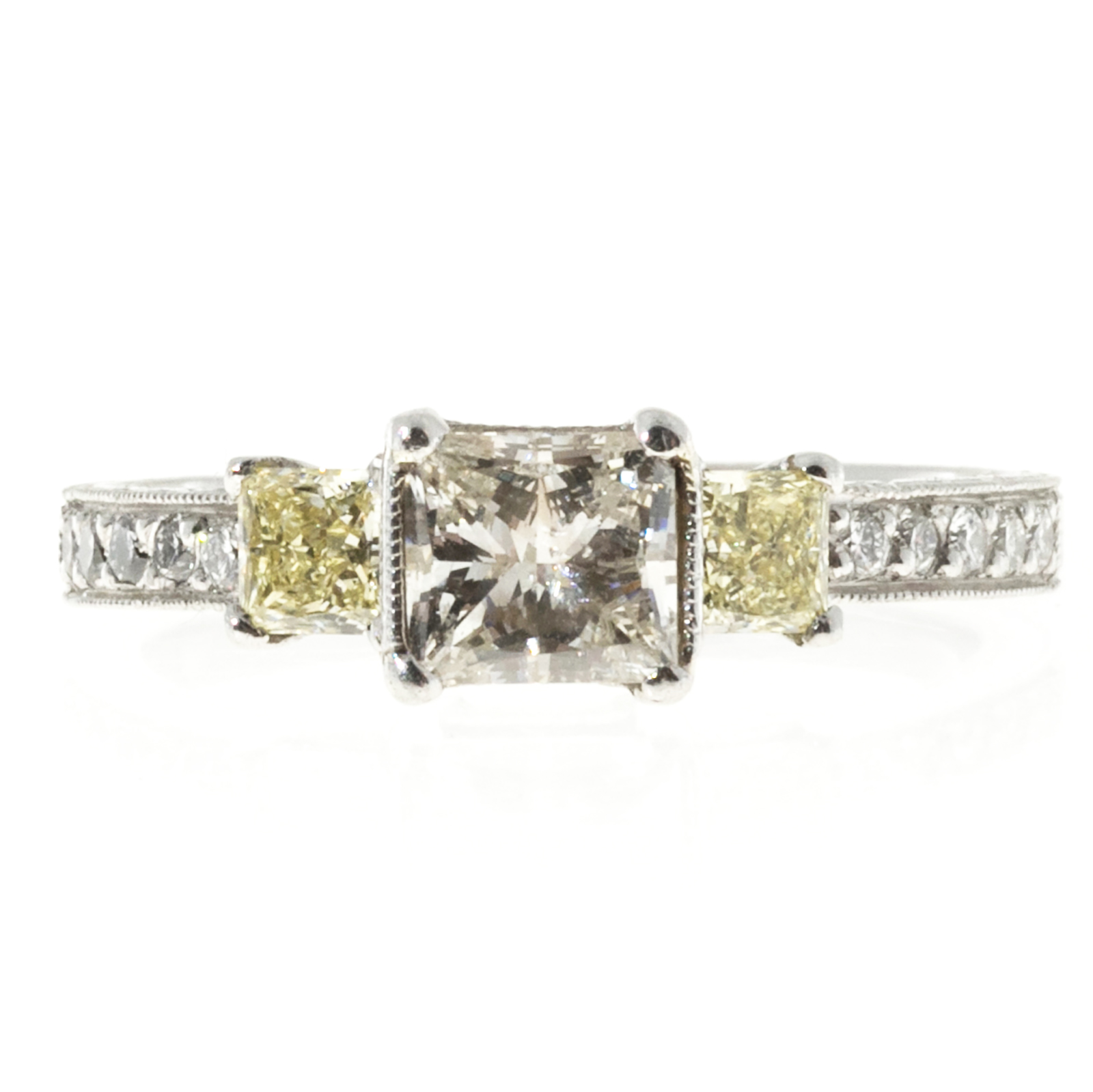 Platinum White  Fancy Yellow Diamond Micro Pave Sides Ring Size 7.25