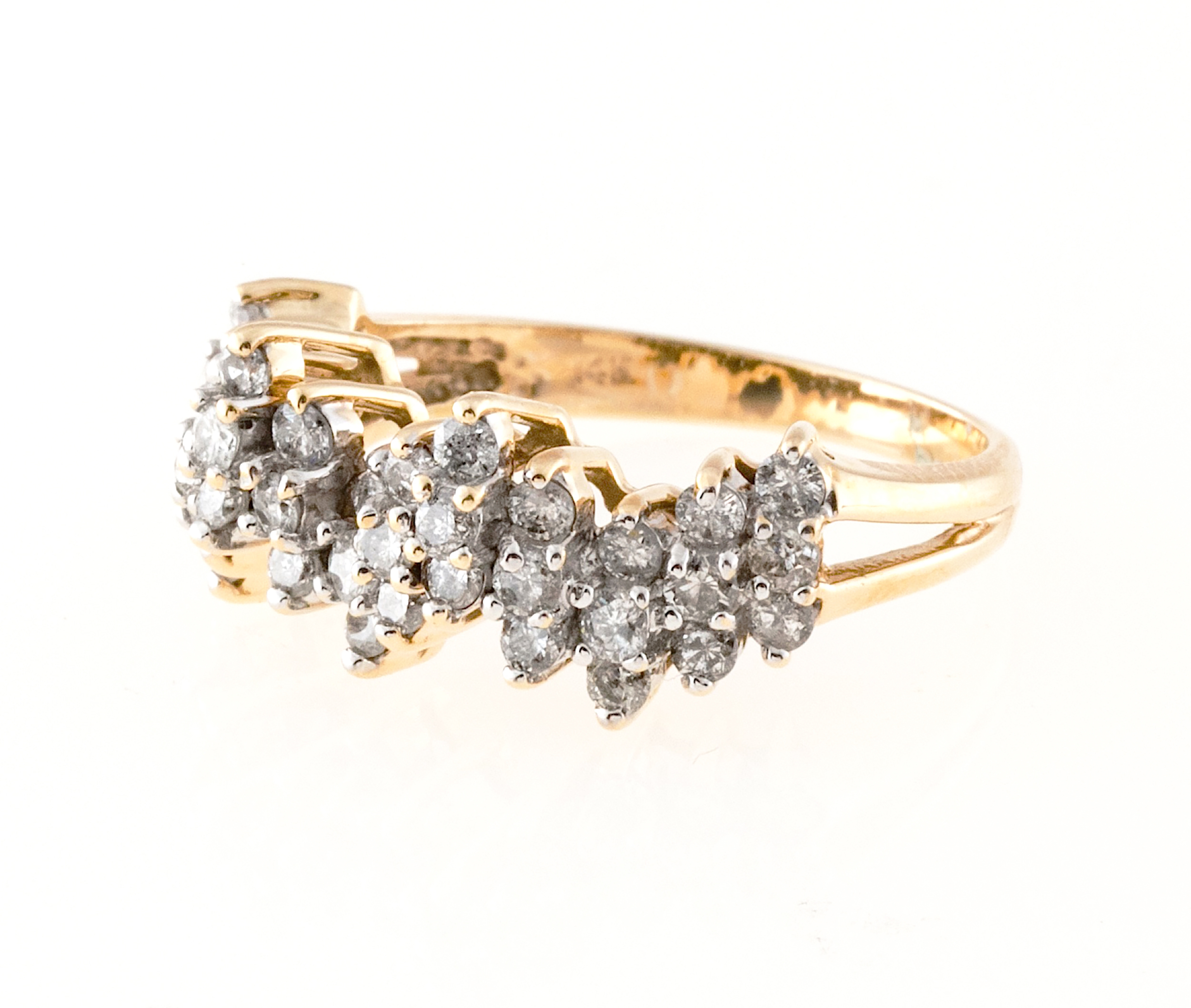 14K Yellow Gold Rhodium 0.72ct Diamond Three Row Wave Ring Size 6.2 