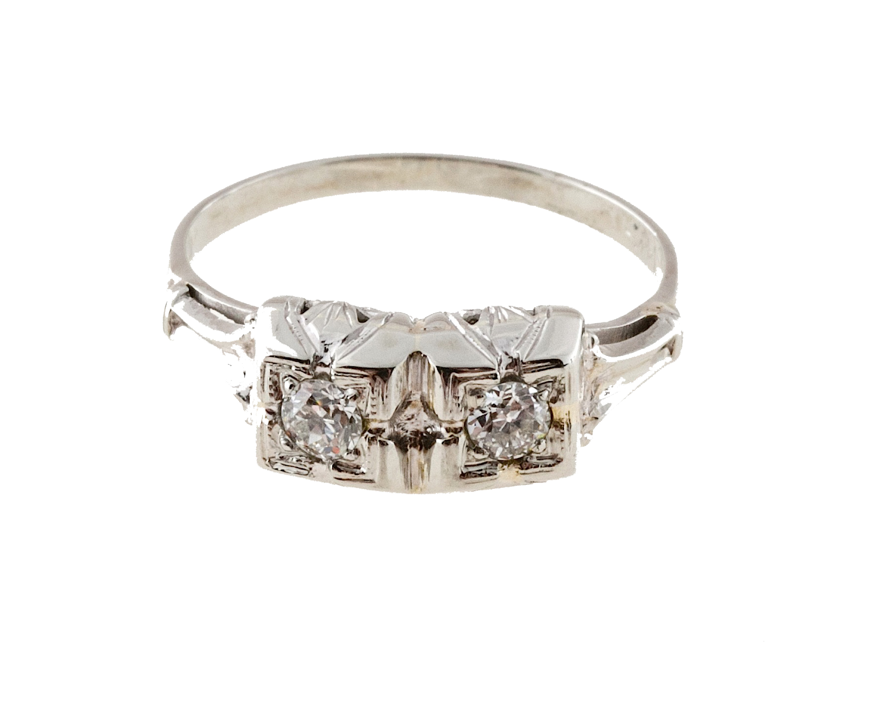 Vintage 14K White Gold with Diamond Double Square Top Art Deco Engagement Ring Size 7.25