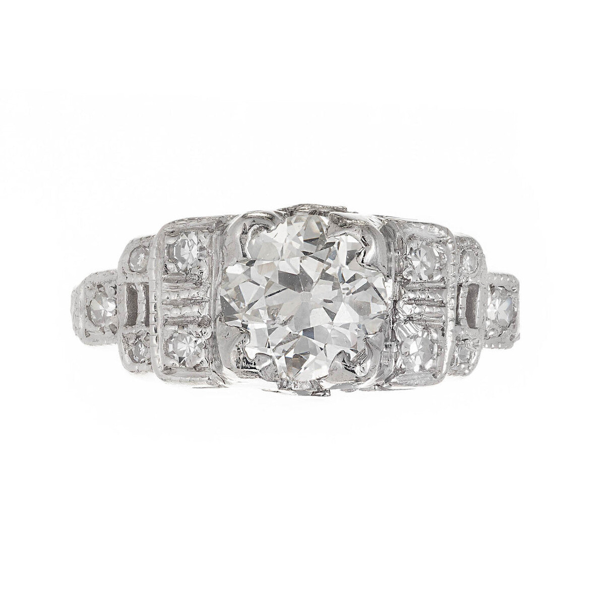 Platinum .81 Ct Cushion Cut and Round Diamond Art Deco Ring Size 5.5