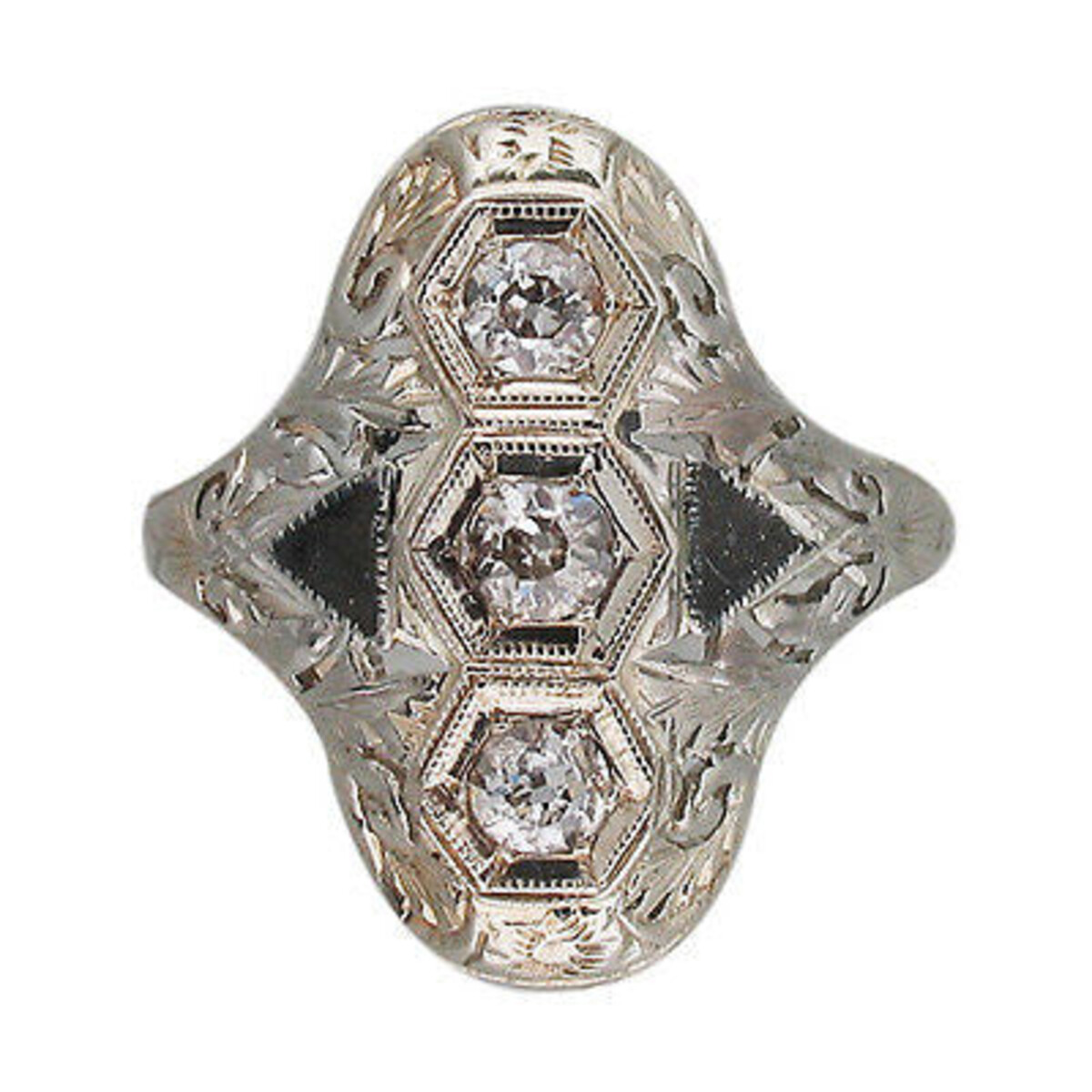 Art Deco 1940's Old Euro Cut Diamond Pierced Engraved 14K White Gold Enamel Ring