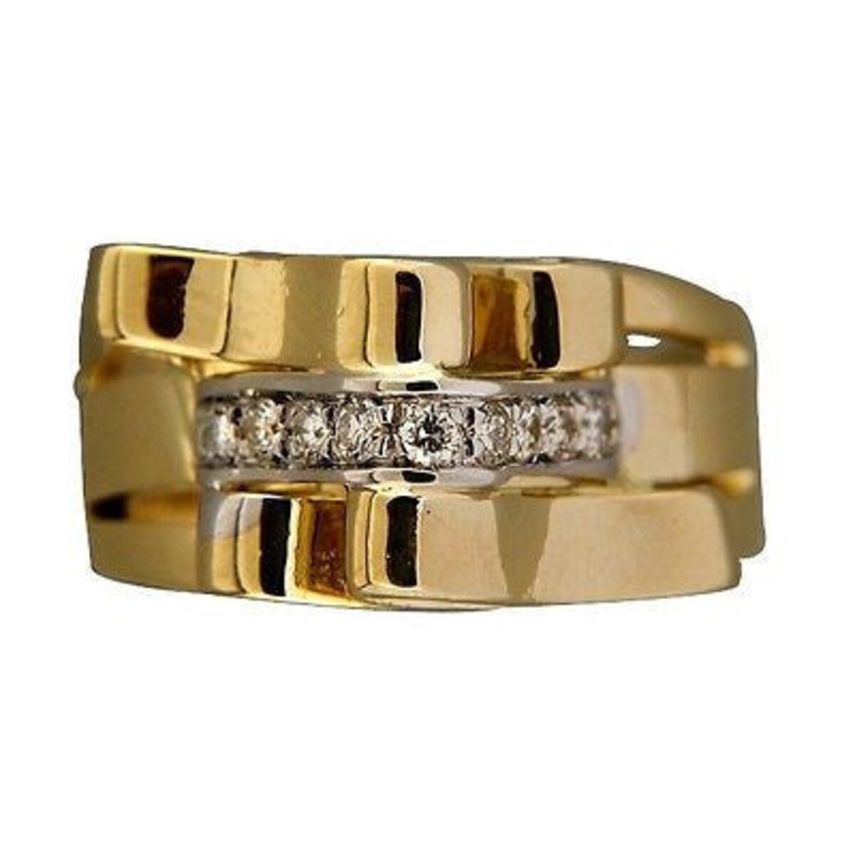 Vintage 3 Row Folded Ribbon 18K Gold Ring .10 Ct Diamonds White Gold Center
