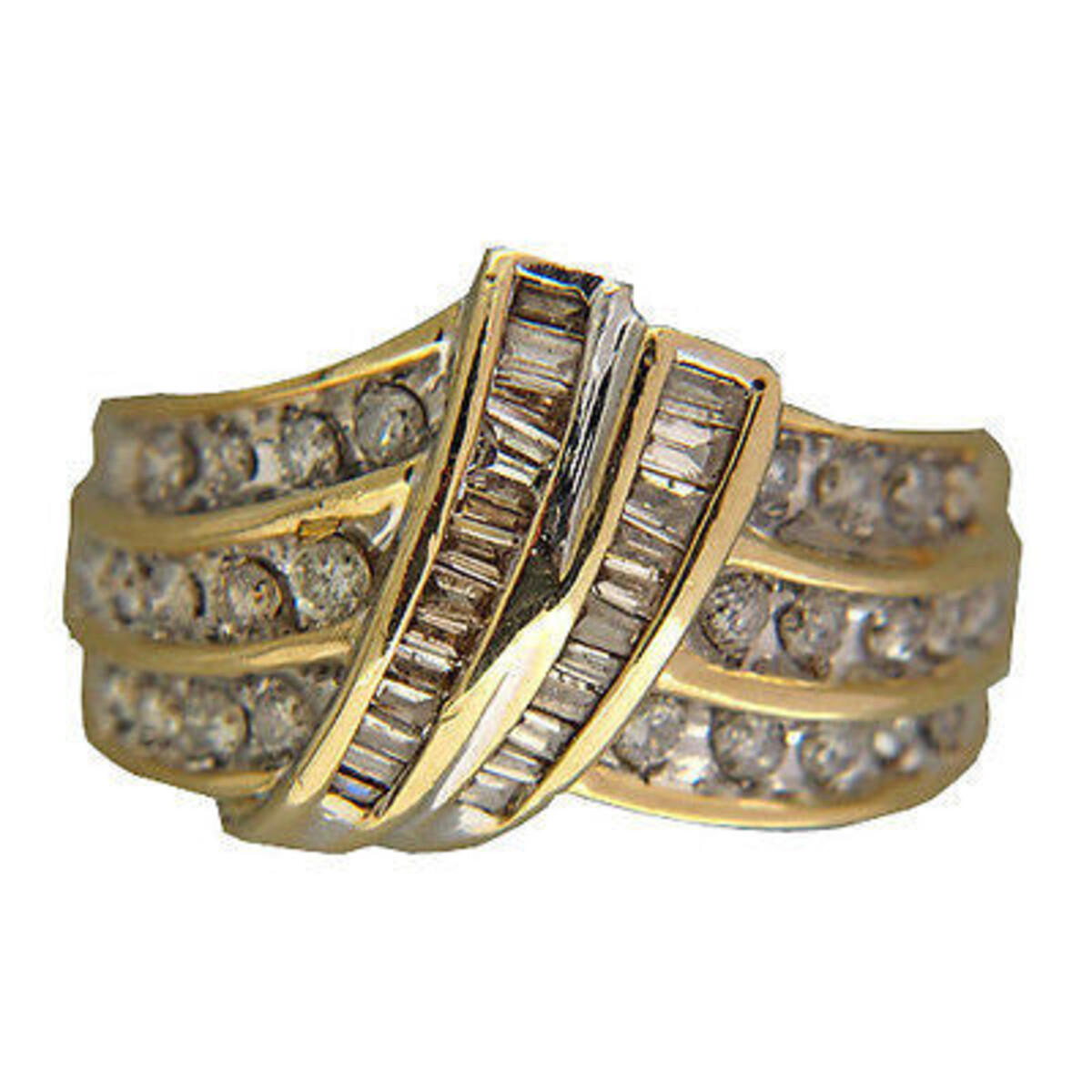 Vintage Three Row 1.10 Ct Diamond Swirl Baguette Round 14K Yellow Gold Ring