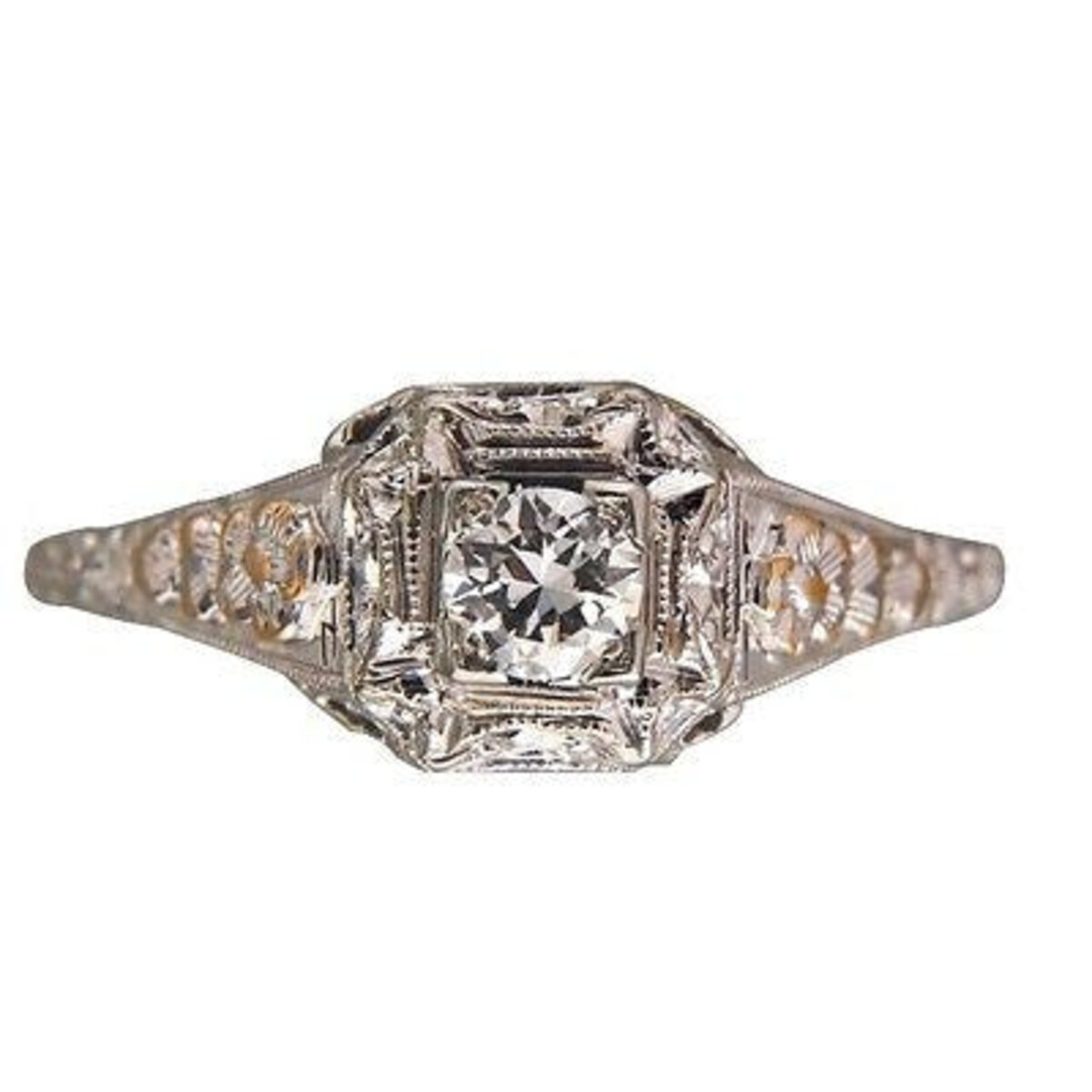 Vintage 18K White Gold 0.21 Ct Diamond Filigree Ring Size 8