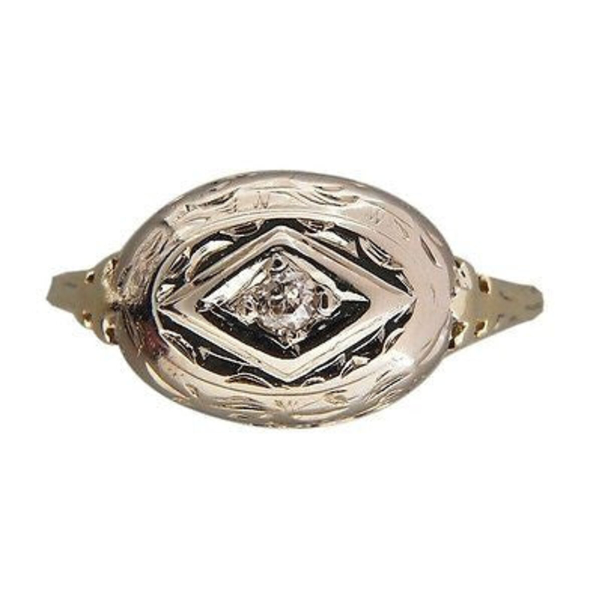 Vintage Estate 14K Yellow White Gold Filigree Ring .02 Ct Diamond