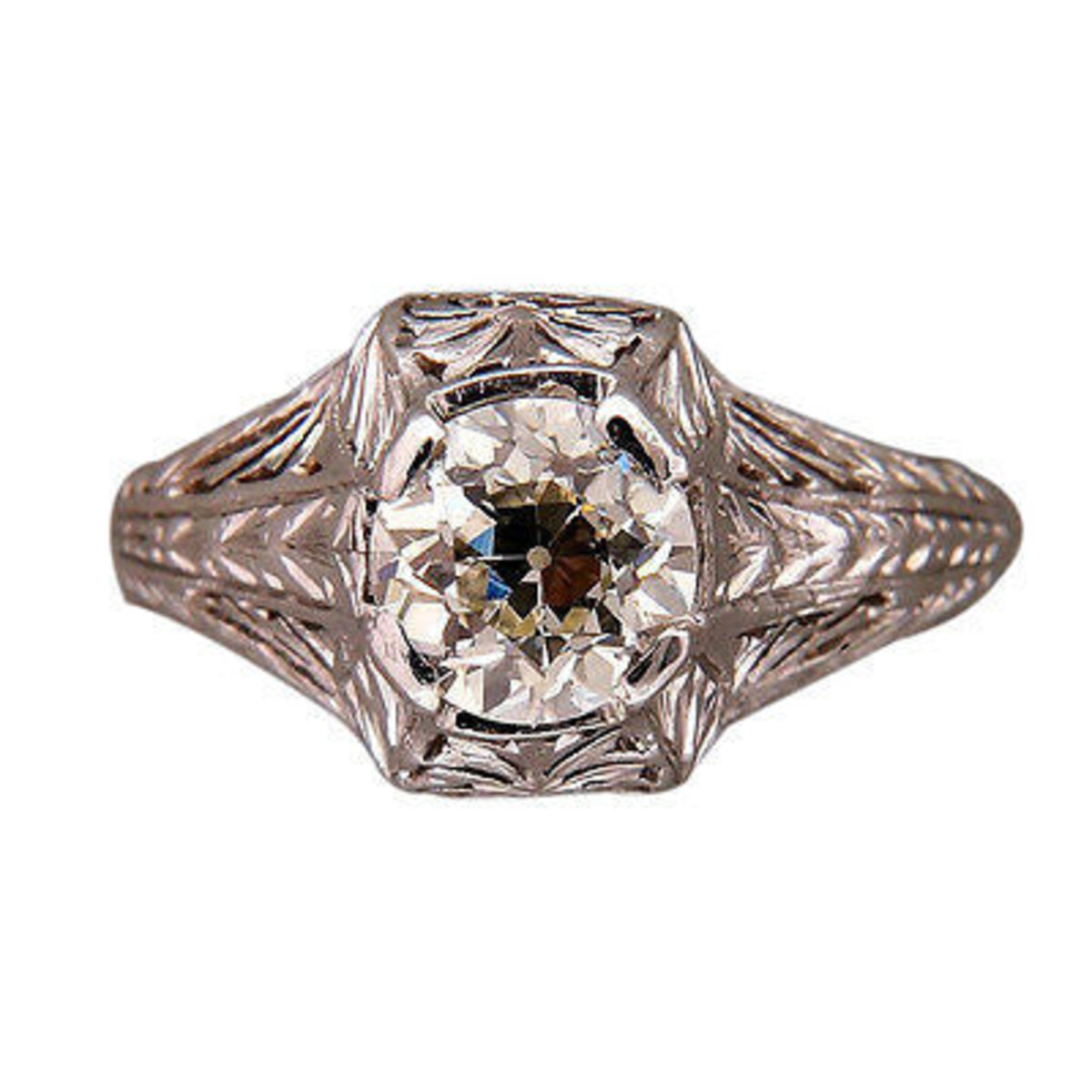 Vintage Platinum Old European Cut Diamond Engraved Filigree Edwardian Art Deco Ring Size 6