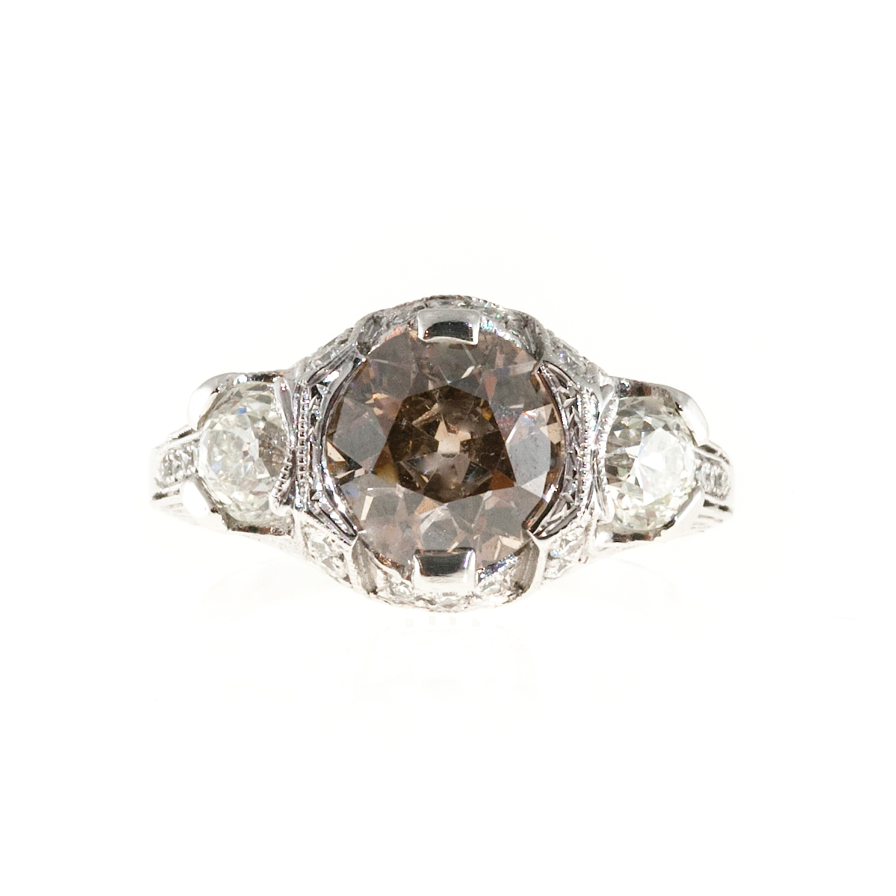 Vintage Art Deco Engagement 2.19ct Brown Diamond Platinum European Cut Ring