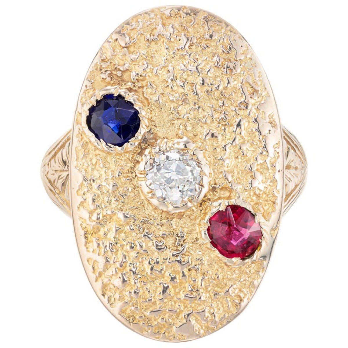 Victorian Antique .20 Ct Diamond Ruby Sapphire Textured Size 4 Ring 14K